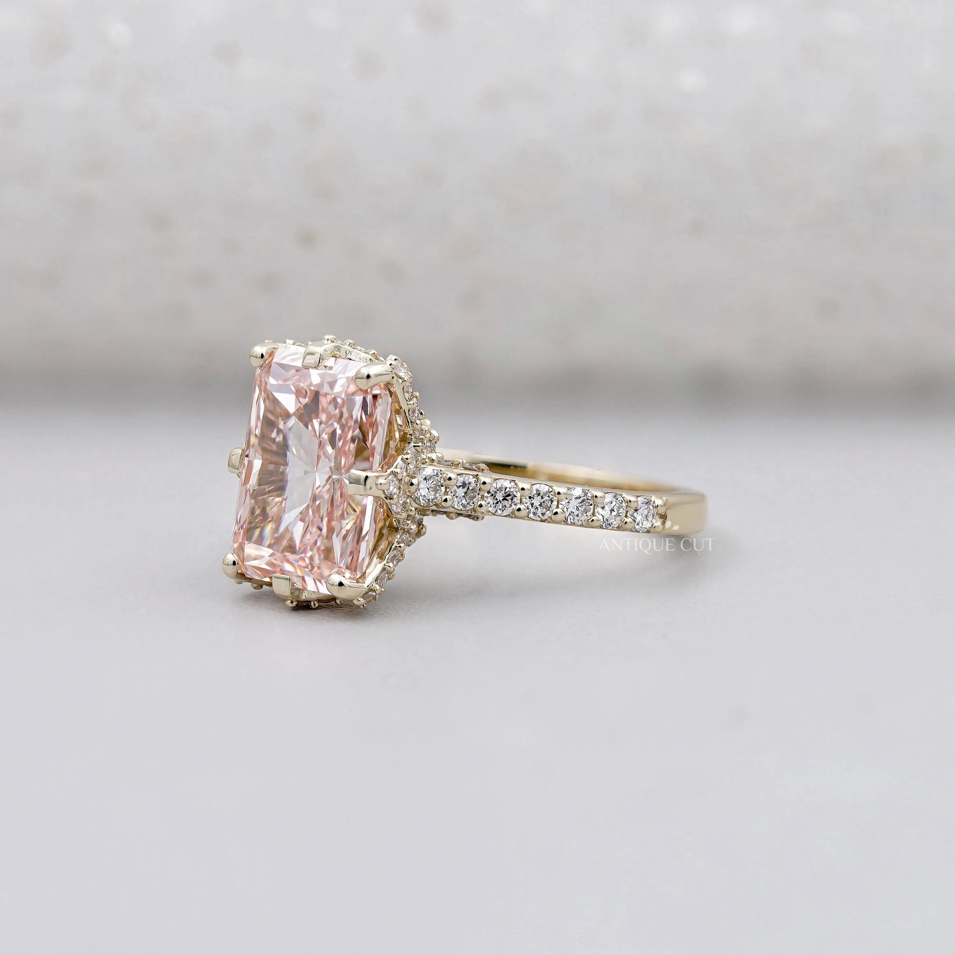 Lab grown radiant pink diamond hidden halo ring