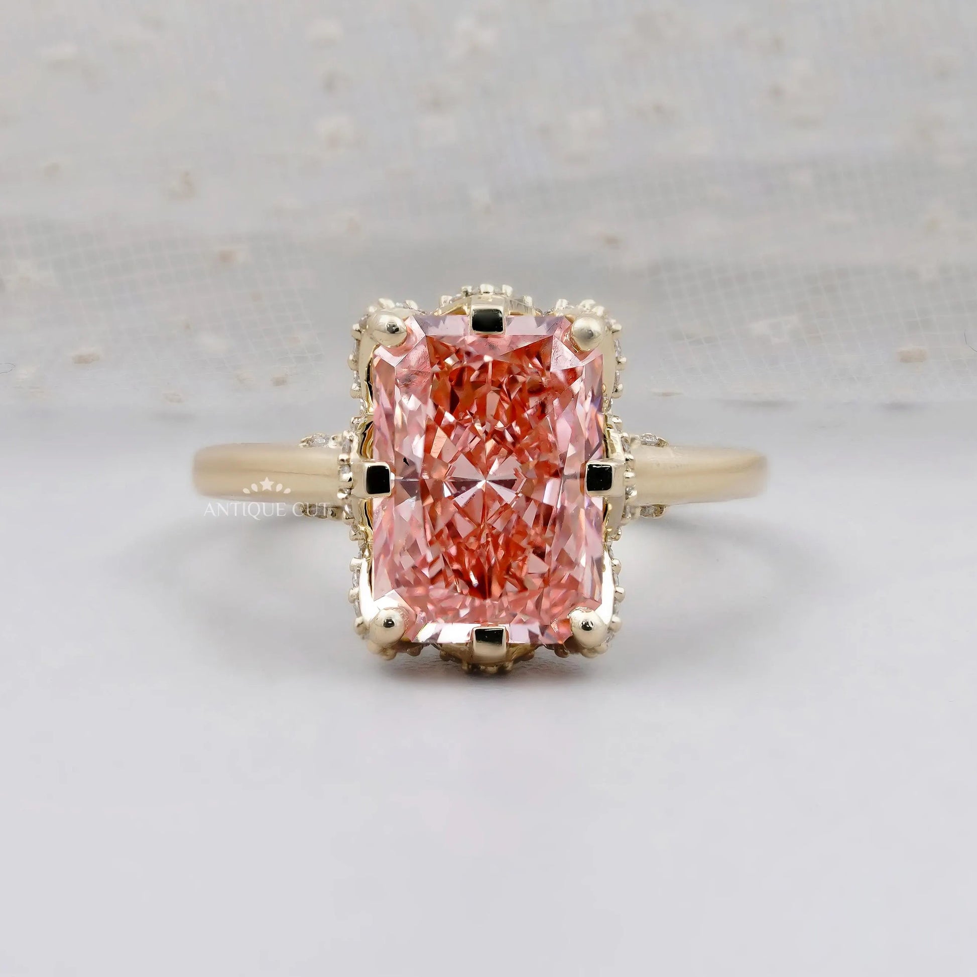 Radiant Pink Diamond Hidden Halo Engagement Gold Ring Lab Grown Diamond