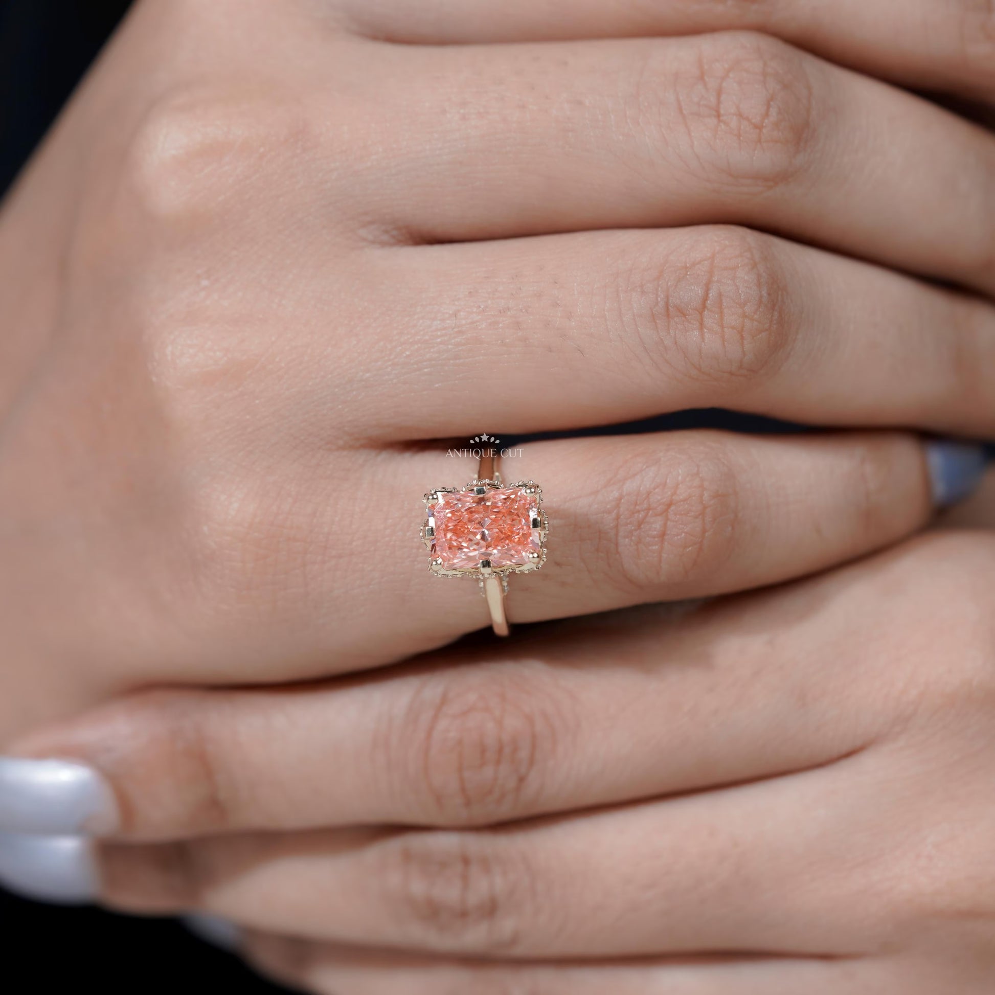 Luxury yellow gold pink diamond halo ring