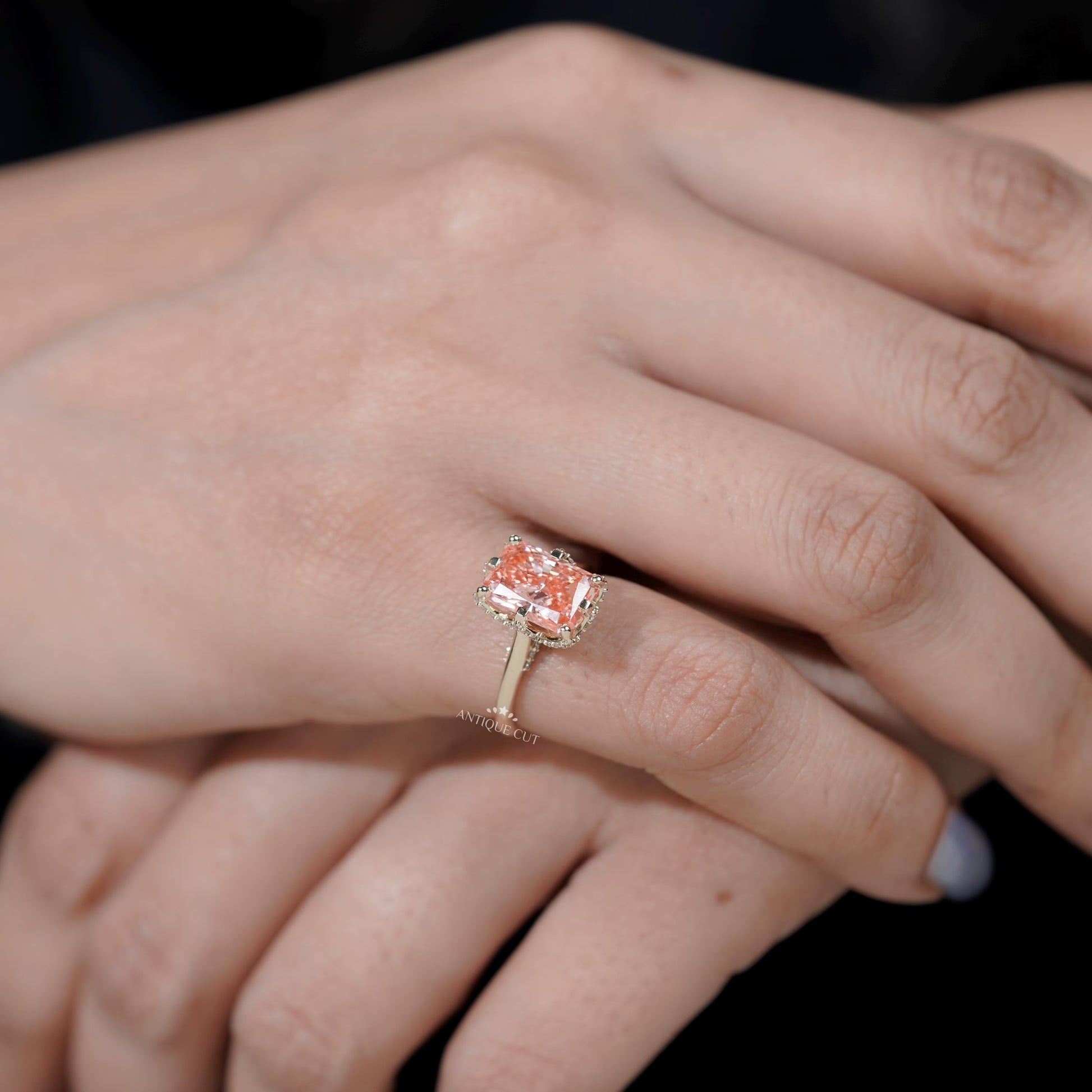 Romantic radiant pink diamond engagement ring design