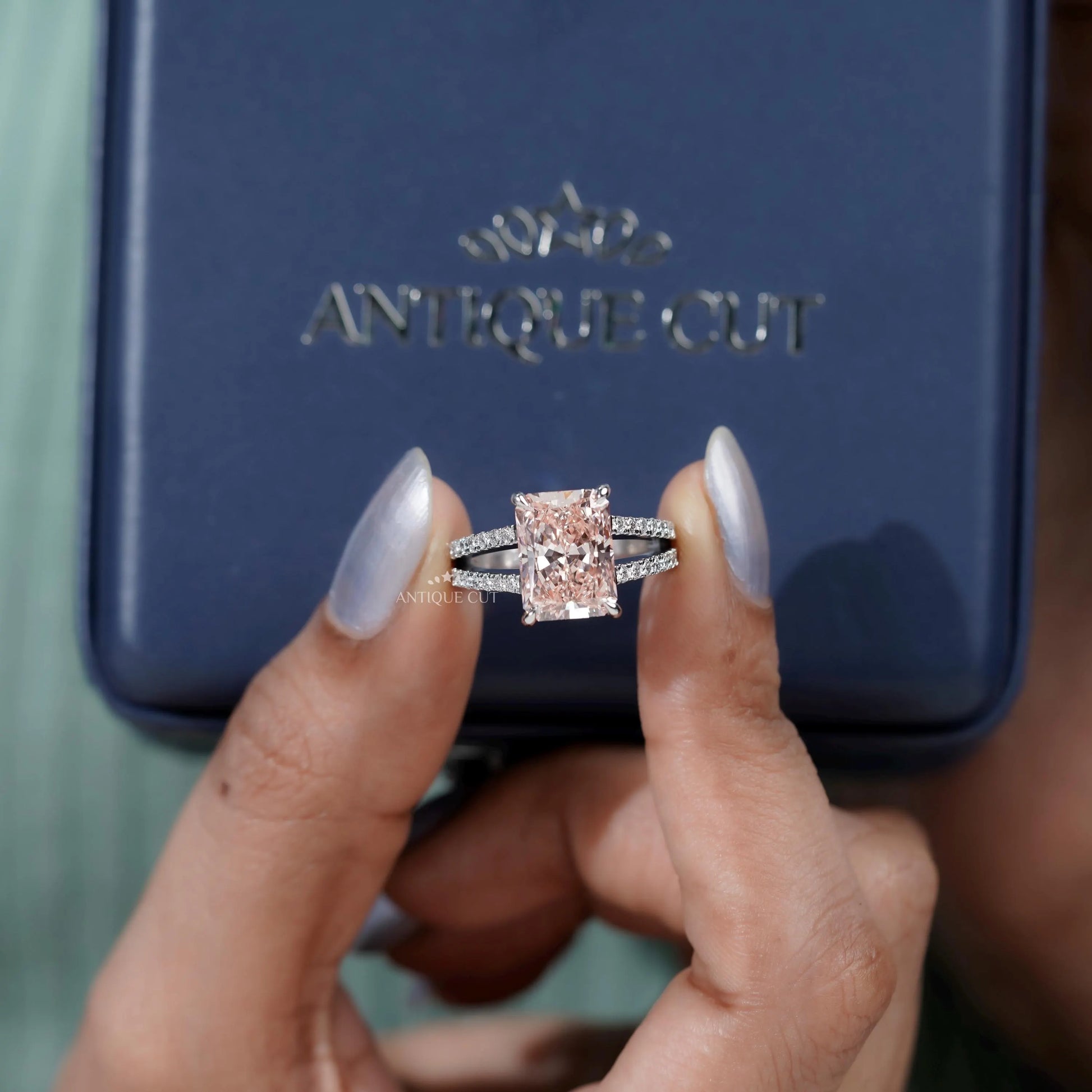 White gold radiant cut pink diamond ring
