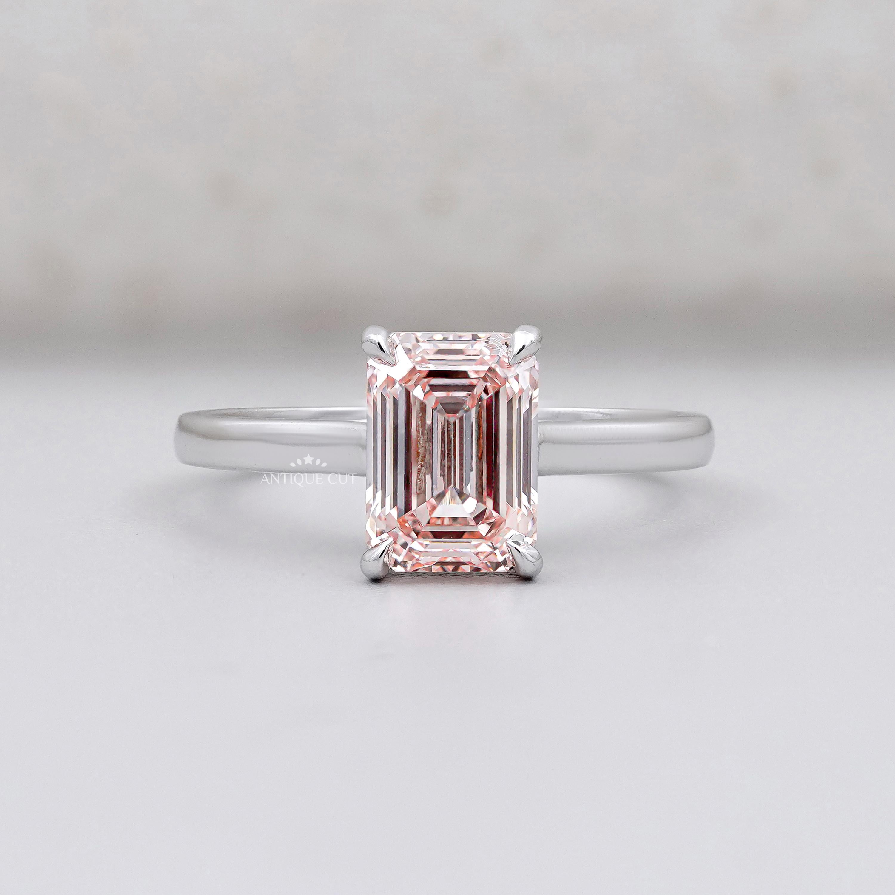 Modern emerald cut pink diamond solitaire ring in white gold