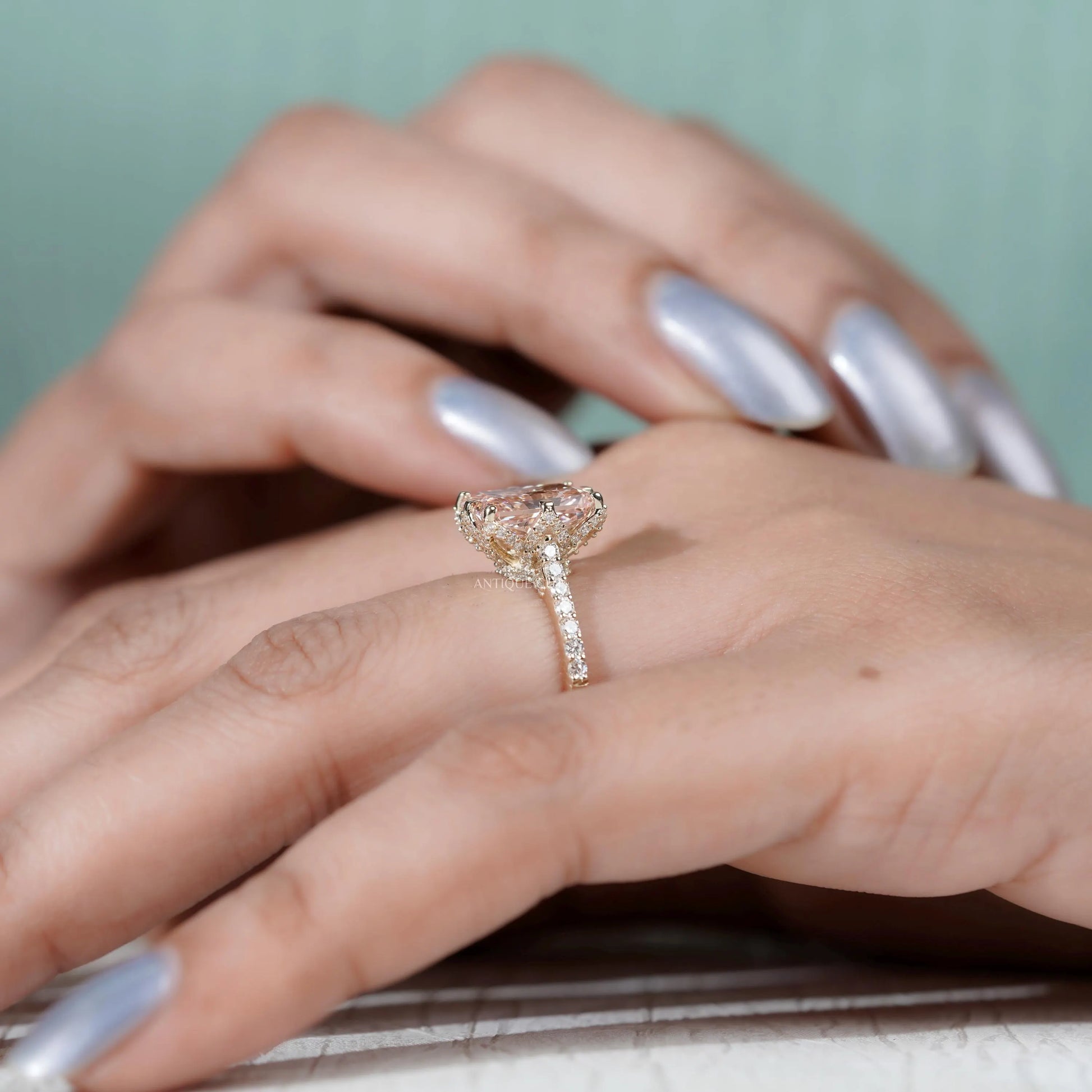 Fine jewelry radiant pink diamond ring with pave band
