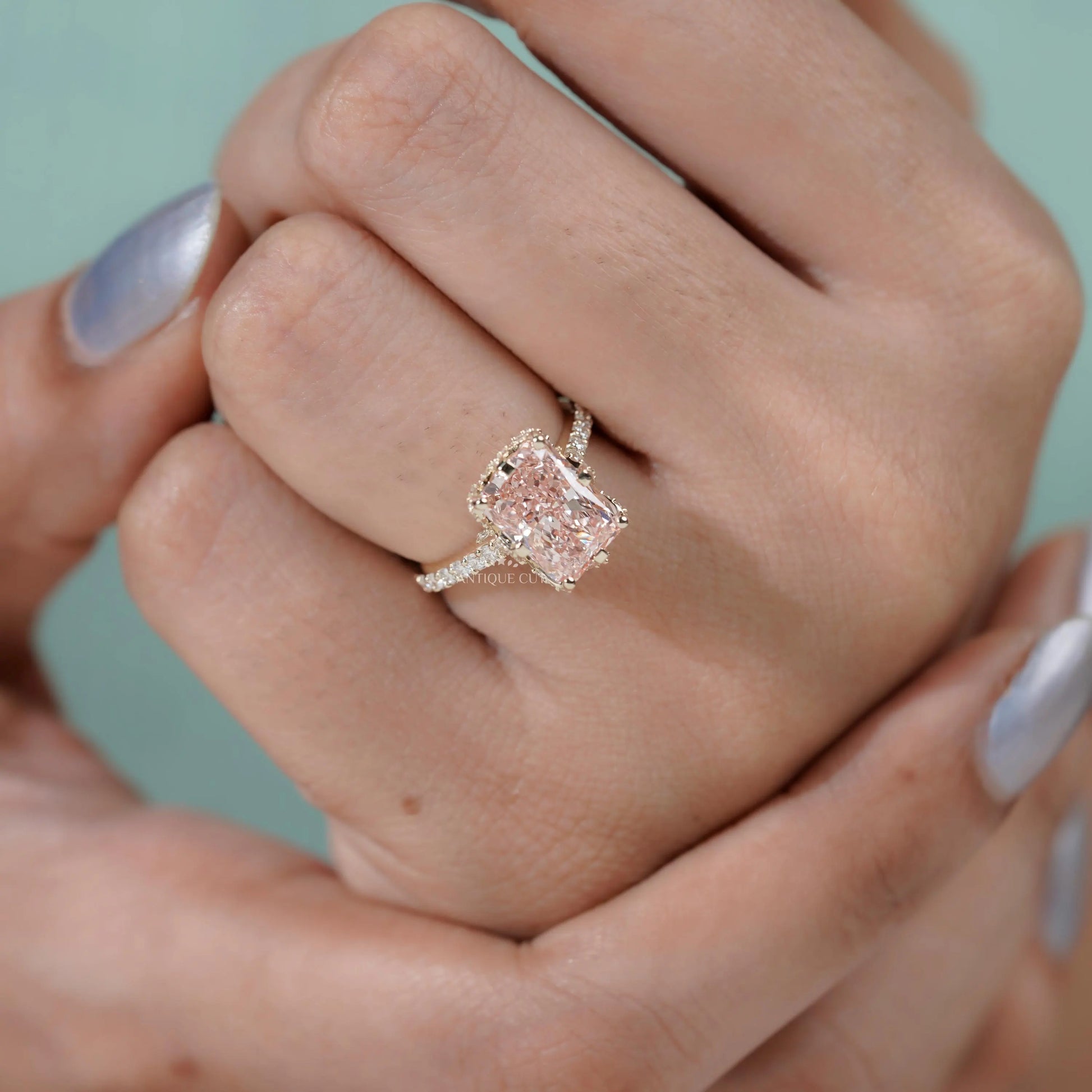 Timeless radiant pink diamond hidden halo ring