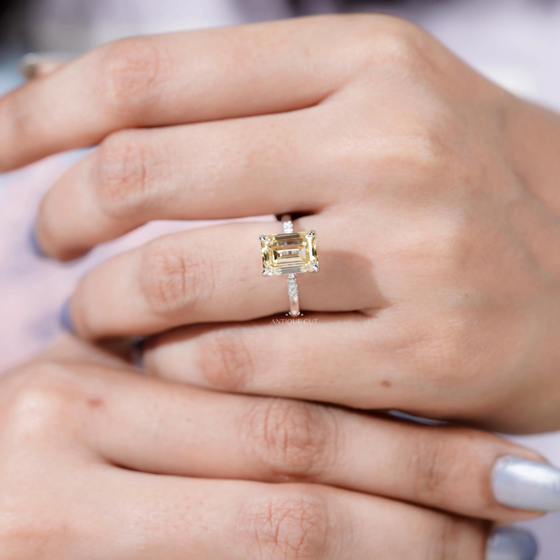 Handcrafted Antiquecut emerald cut diamond ring