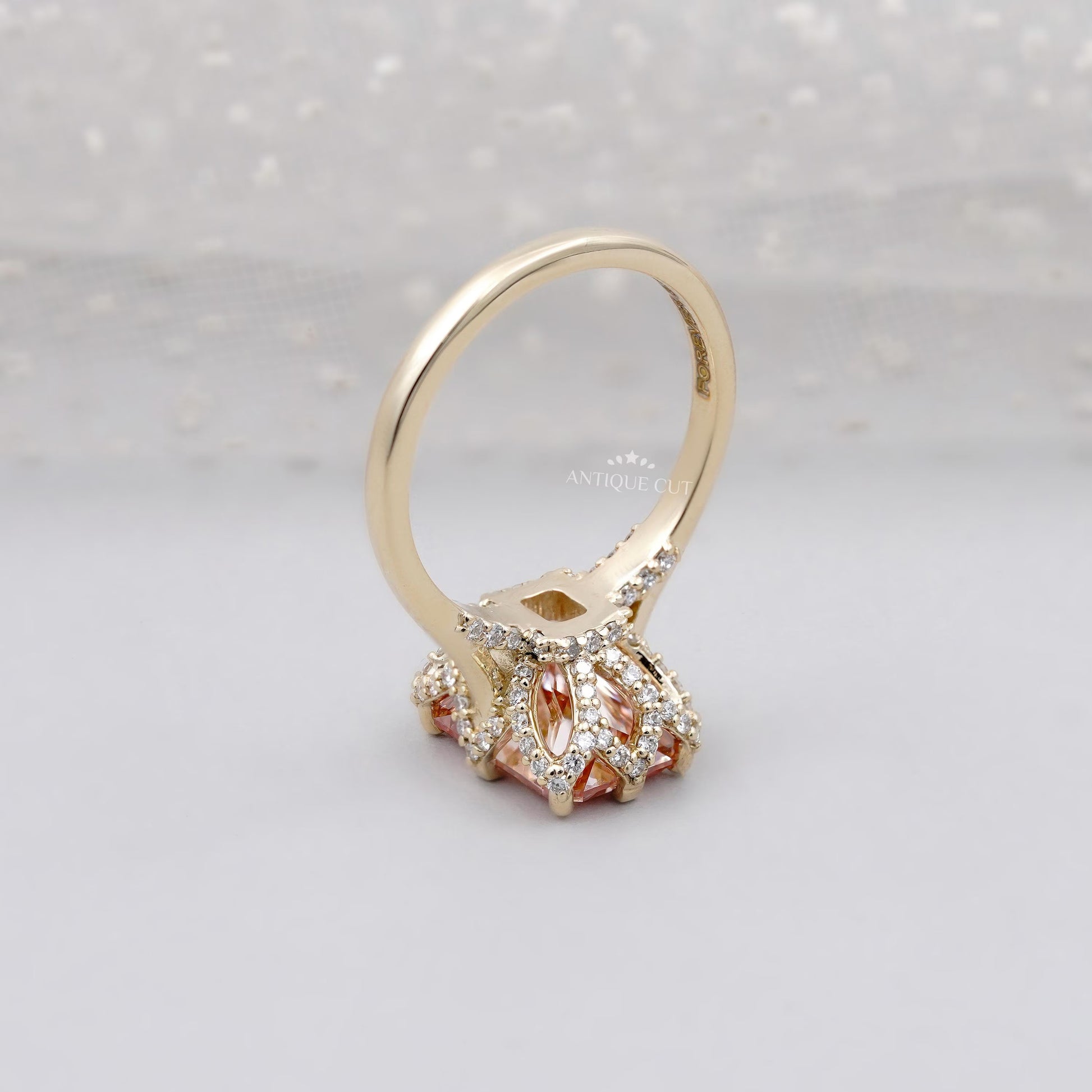 Antiquecut radiant pink diamond engagement ring