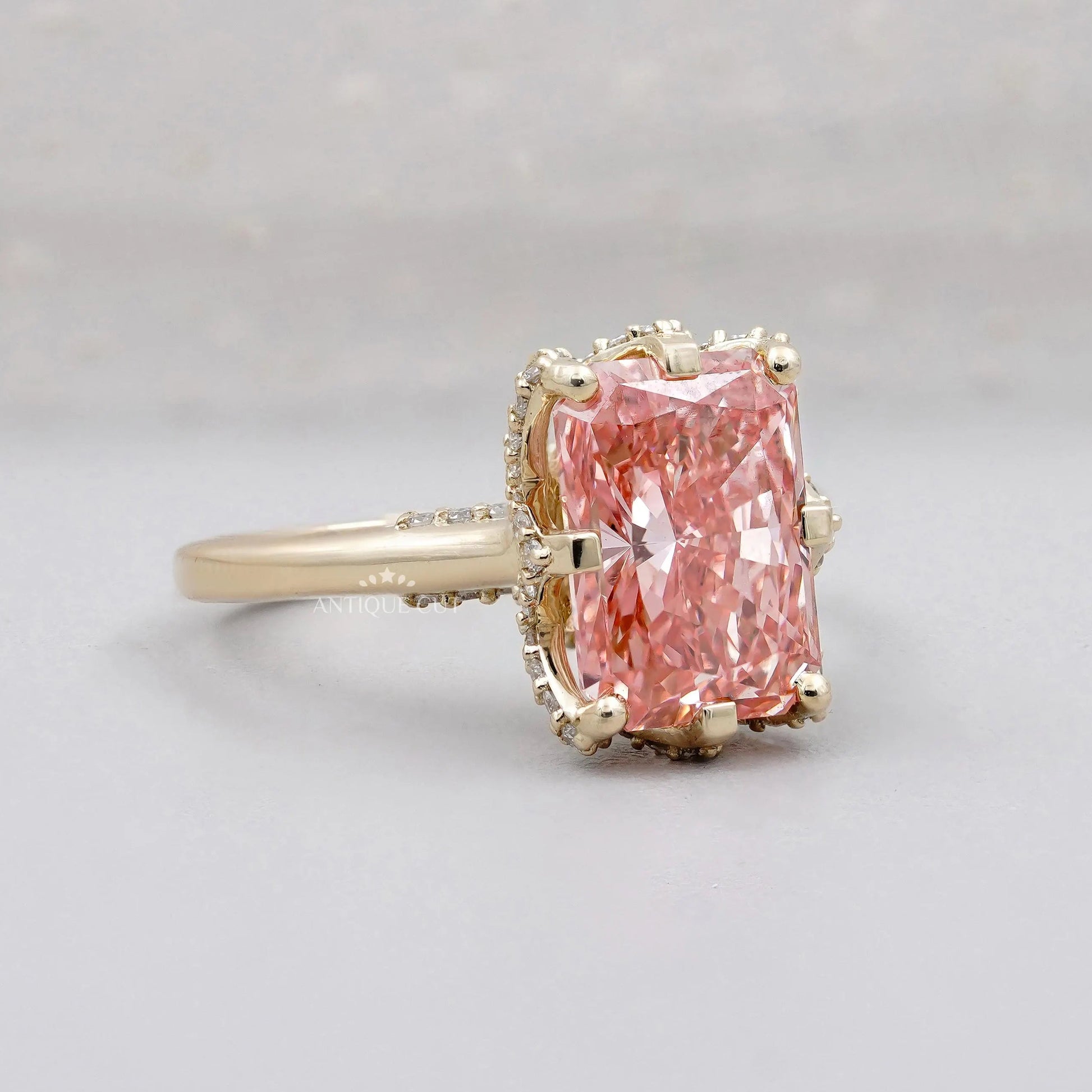 Radiant cut pink diamond bridal ring design
