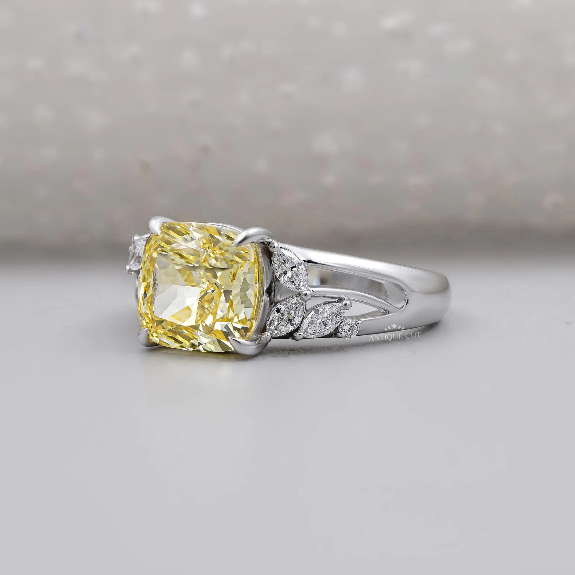 Antiquecut yellow cushion cut diamond engagement ring