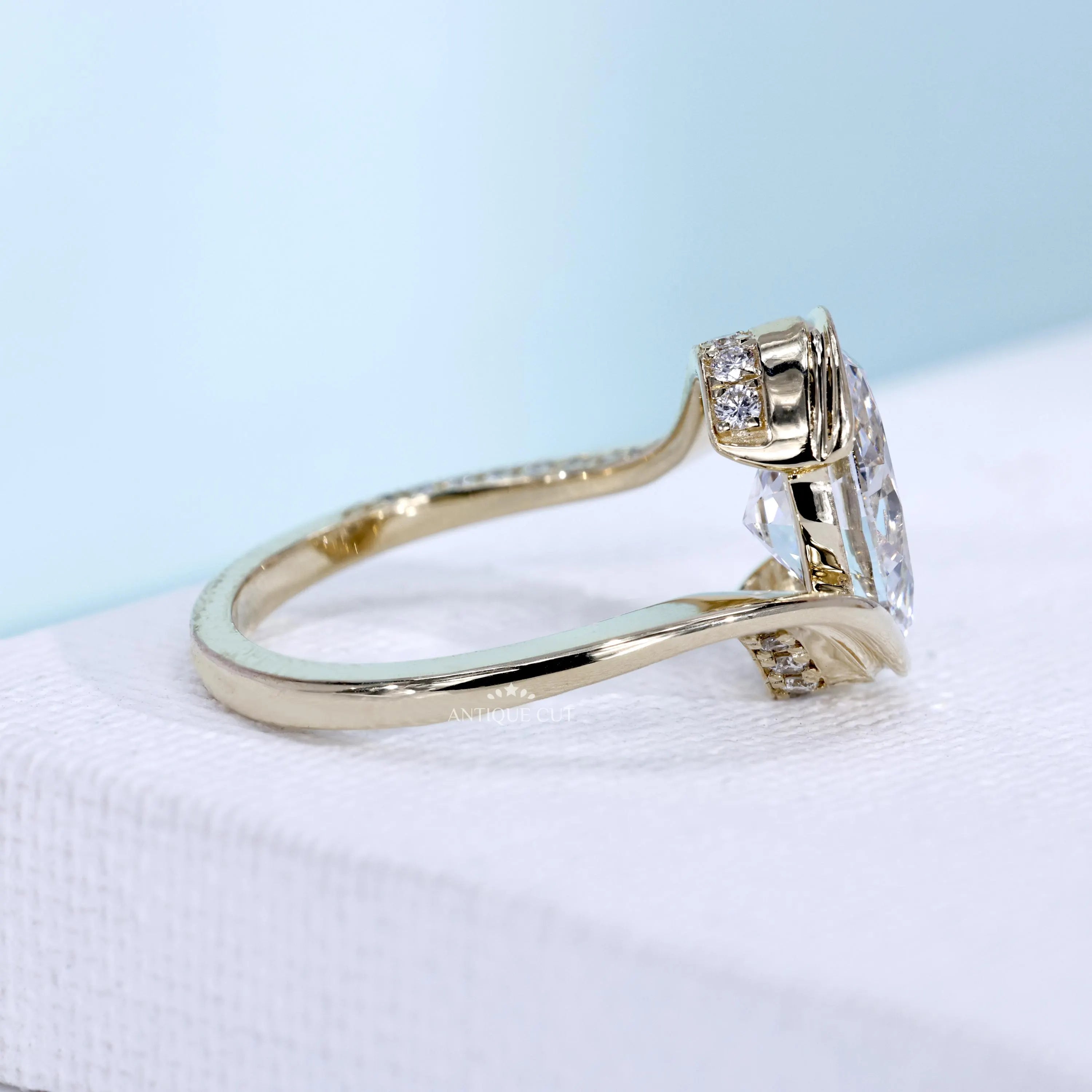 Antiquecut lab grown diamond bypass solitaire ring