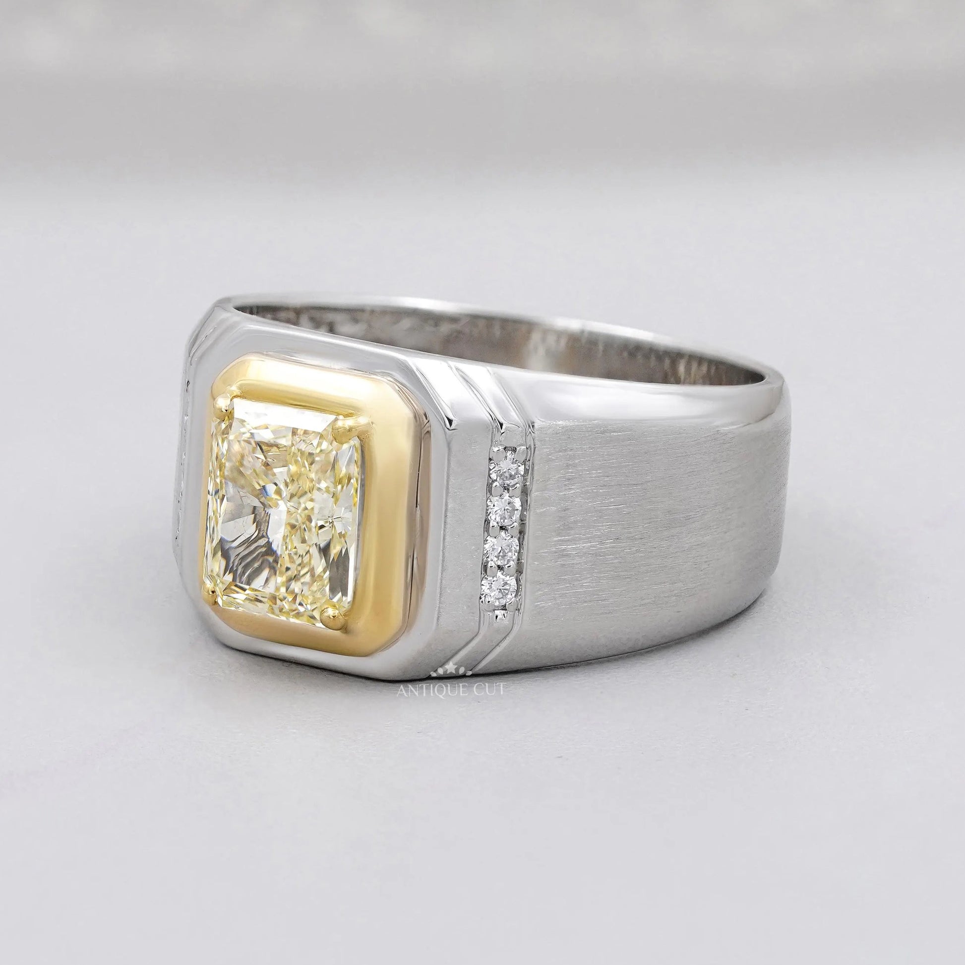 Fancy yellow radiant diamond ring for men with wide band design