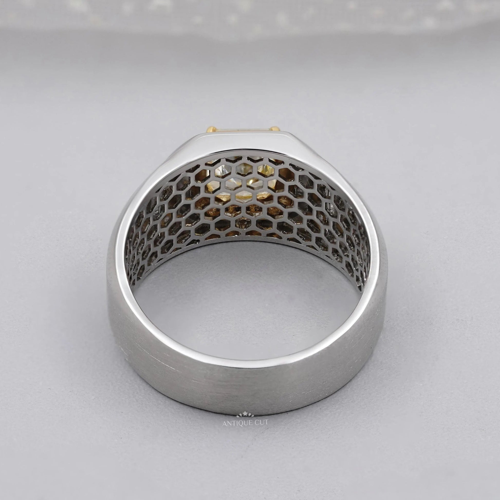 Fancy yellow radiant diamond ring for men with wide band designV