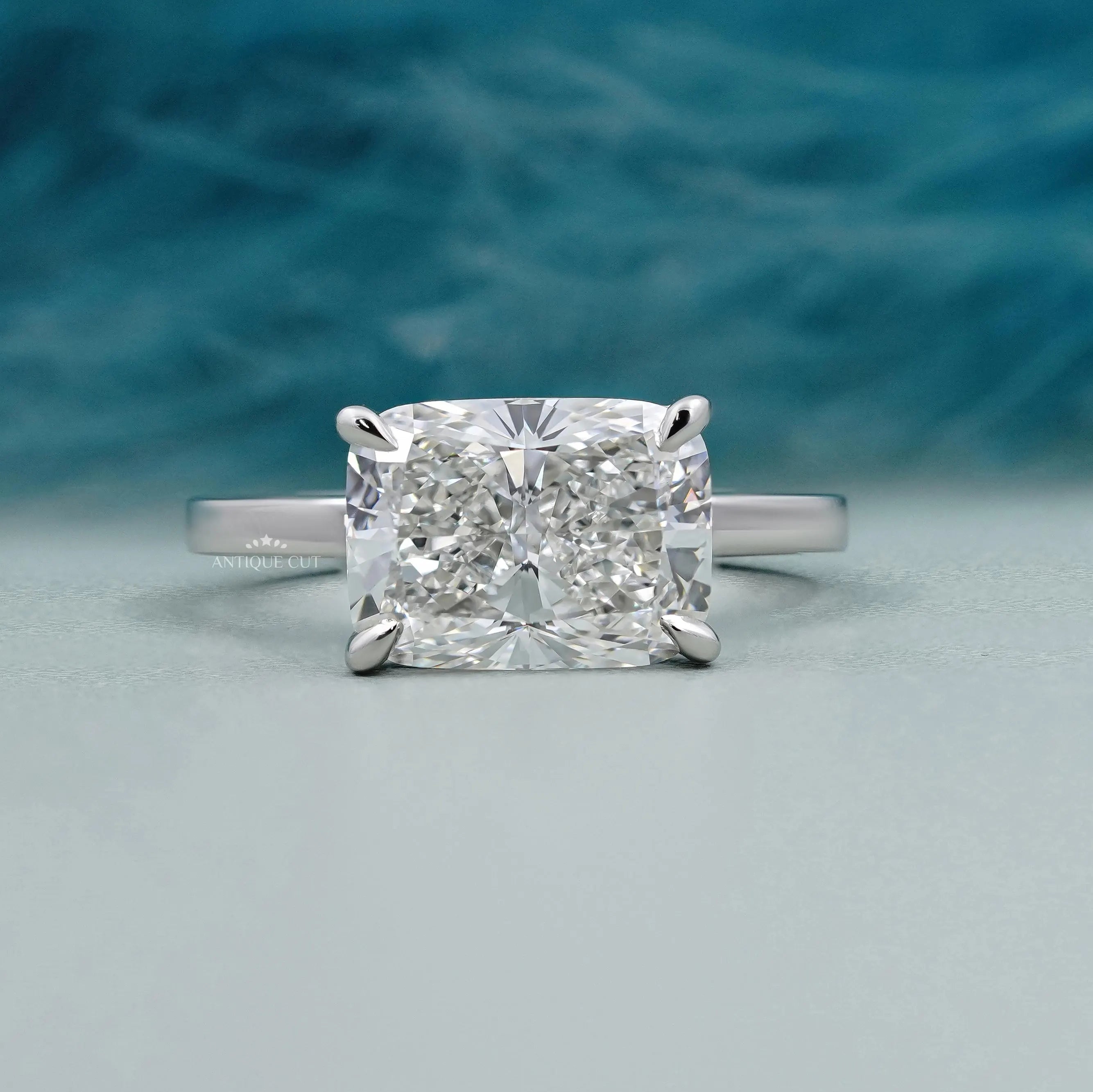 East-West Cushion Cut Lab Grown Diamond Solitaire Engagement Ring in White Gold