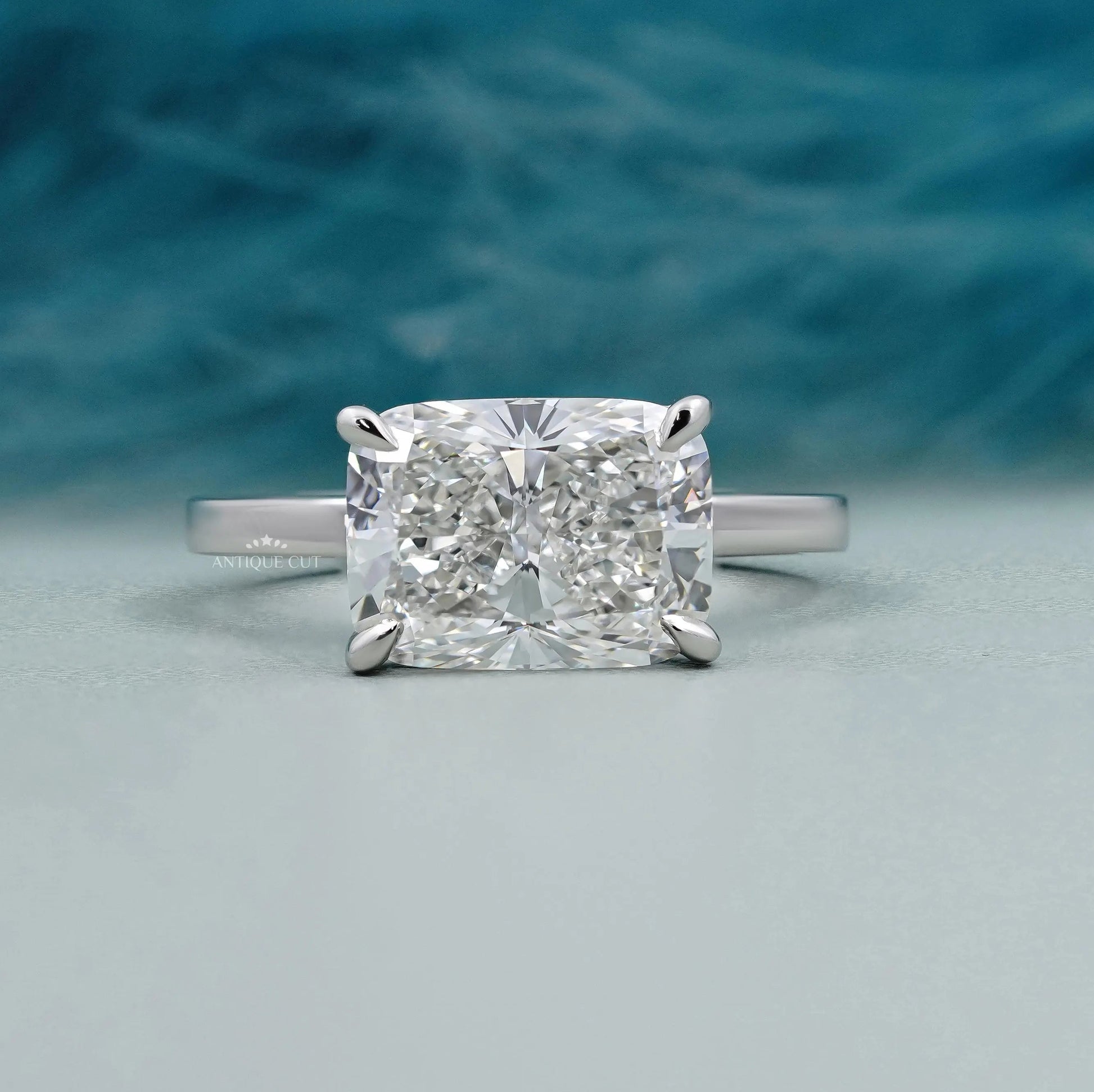 East-West Cushion Cut Lab Grown Diamond Solitaire Engagement Ring in White Gold