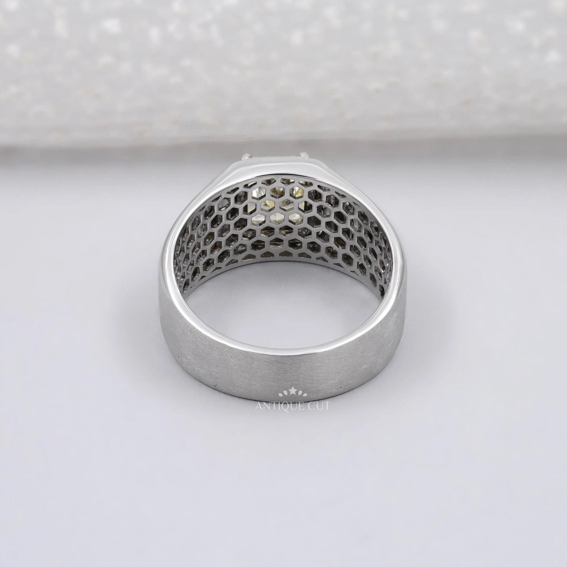 Fancy yellow radiant cut diamond men's ring with wide bezel setting