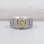 Radiant Cut Fancy Yellow Diamond Men's Ring Wide White Bezel & Round Side Stone IGI Certified