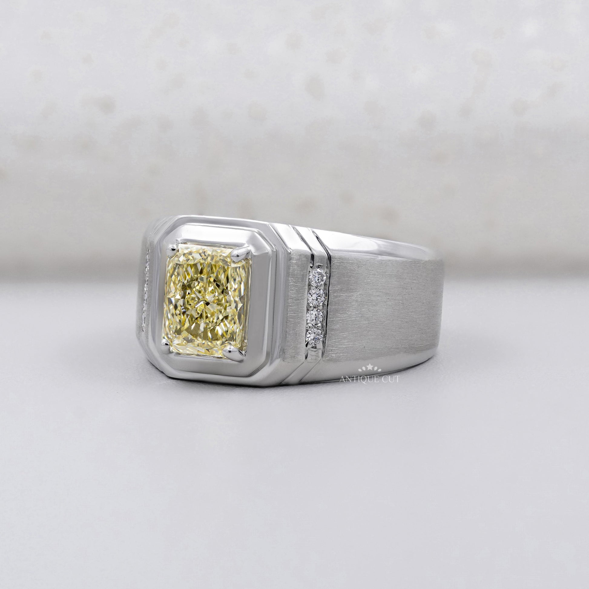 Antiquecut radiant cut yellow diamond men's ring
