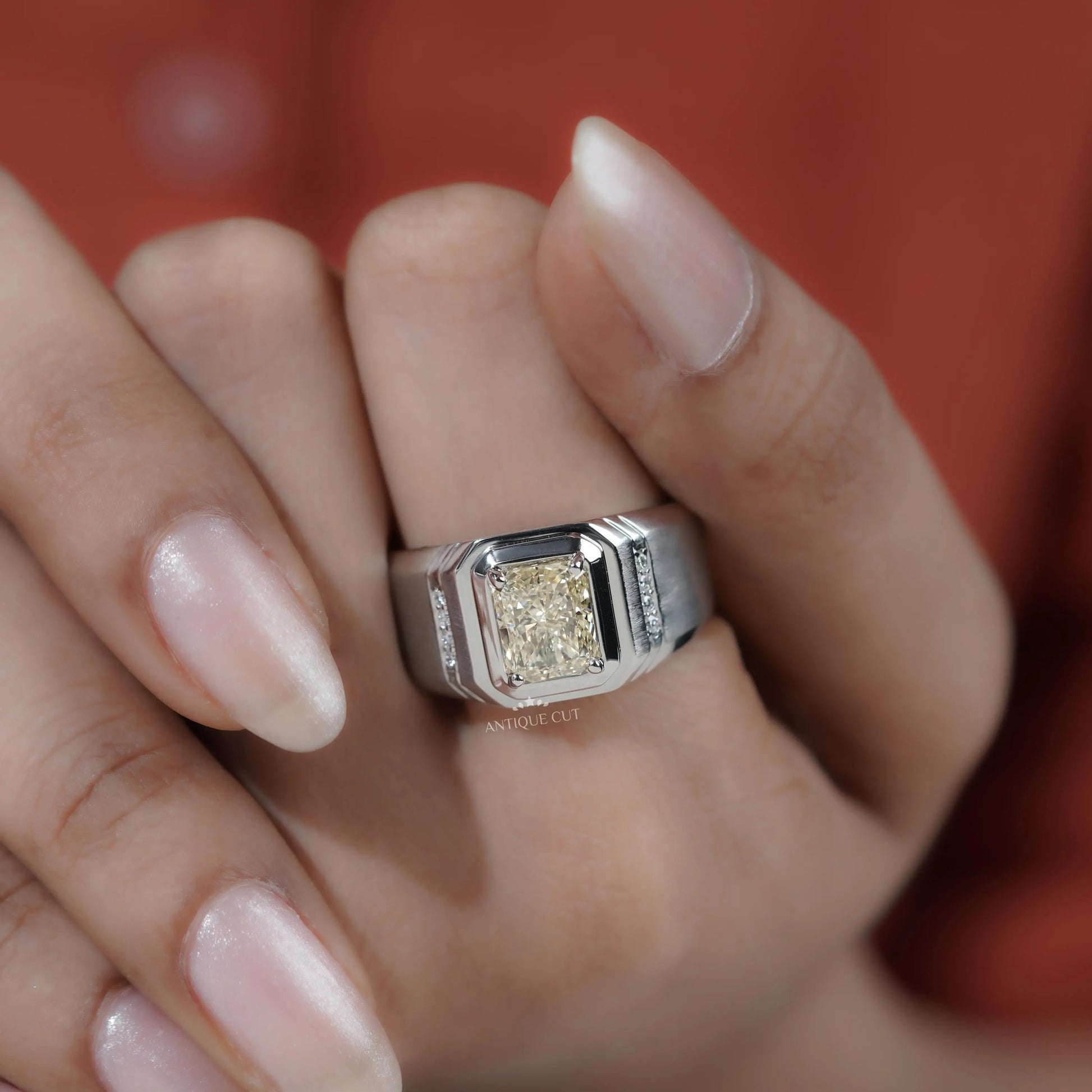 Modern white gold radiant cut men's diamond ring