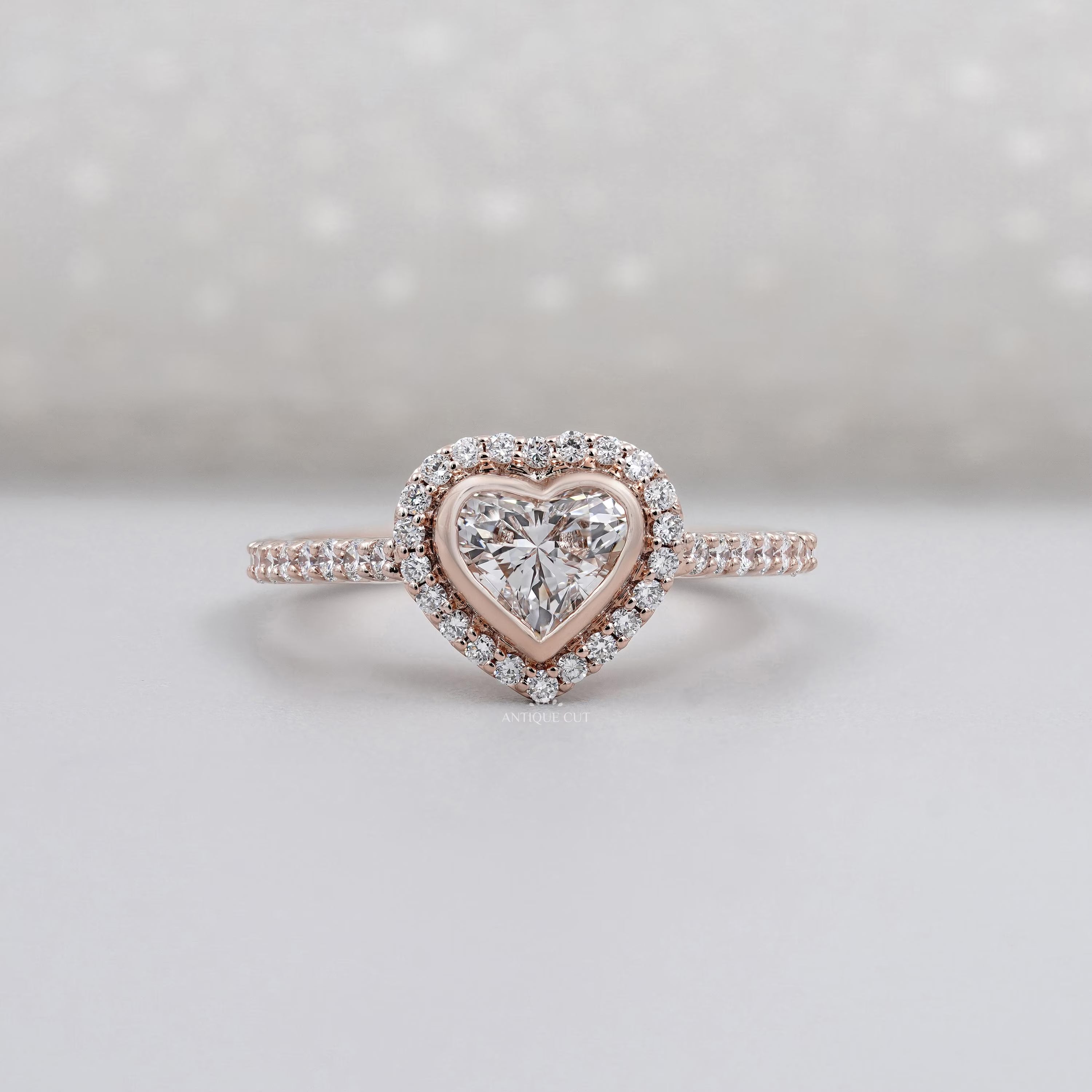 Heart Cut Lab Grown Diamond Engagement Ring With Bezel Halo Pave Band