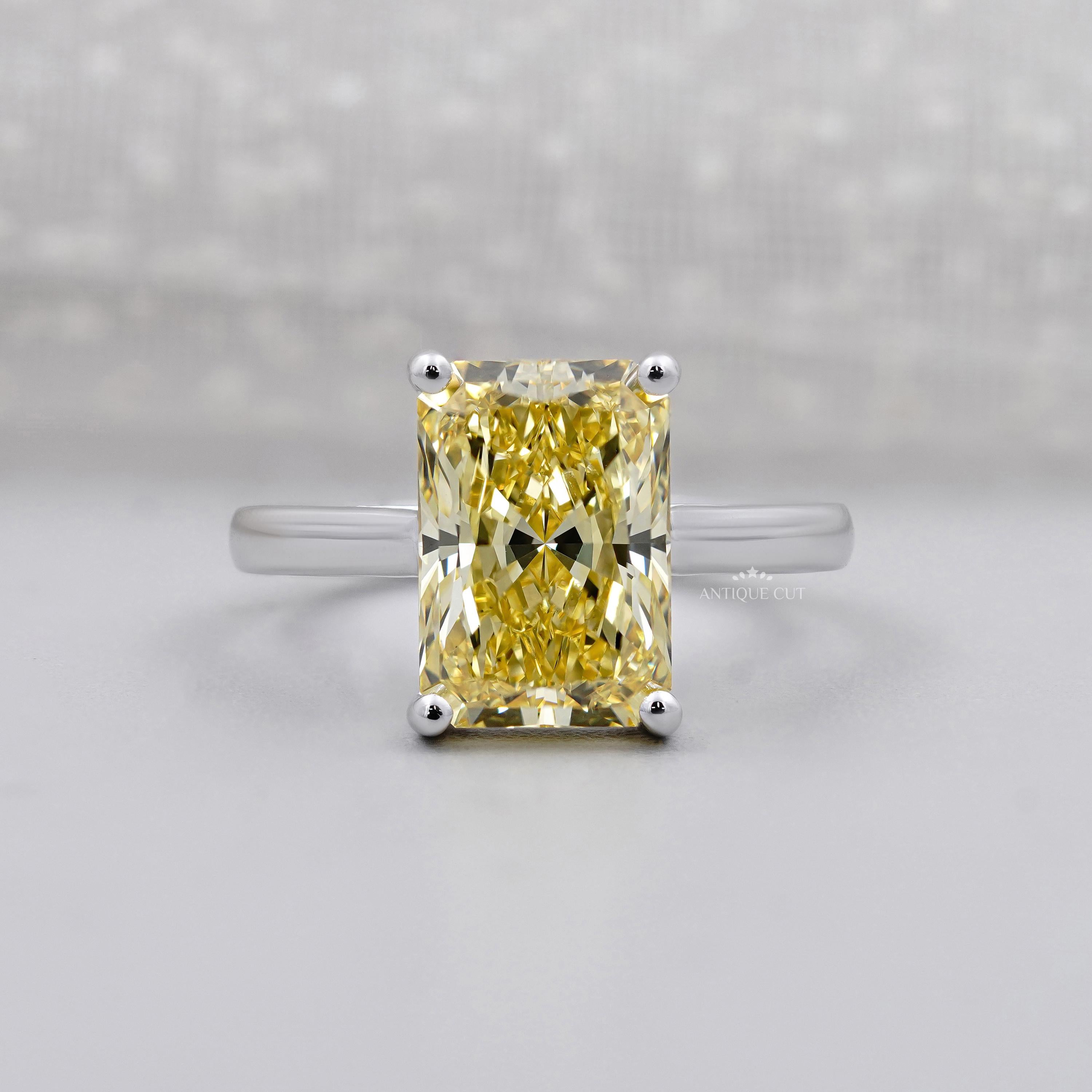 Lab grown yellow radiant solitaire diamond ring