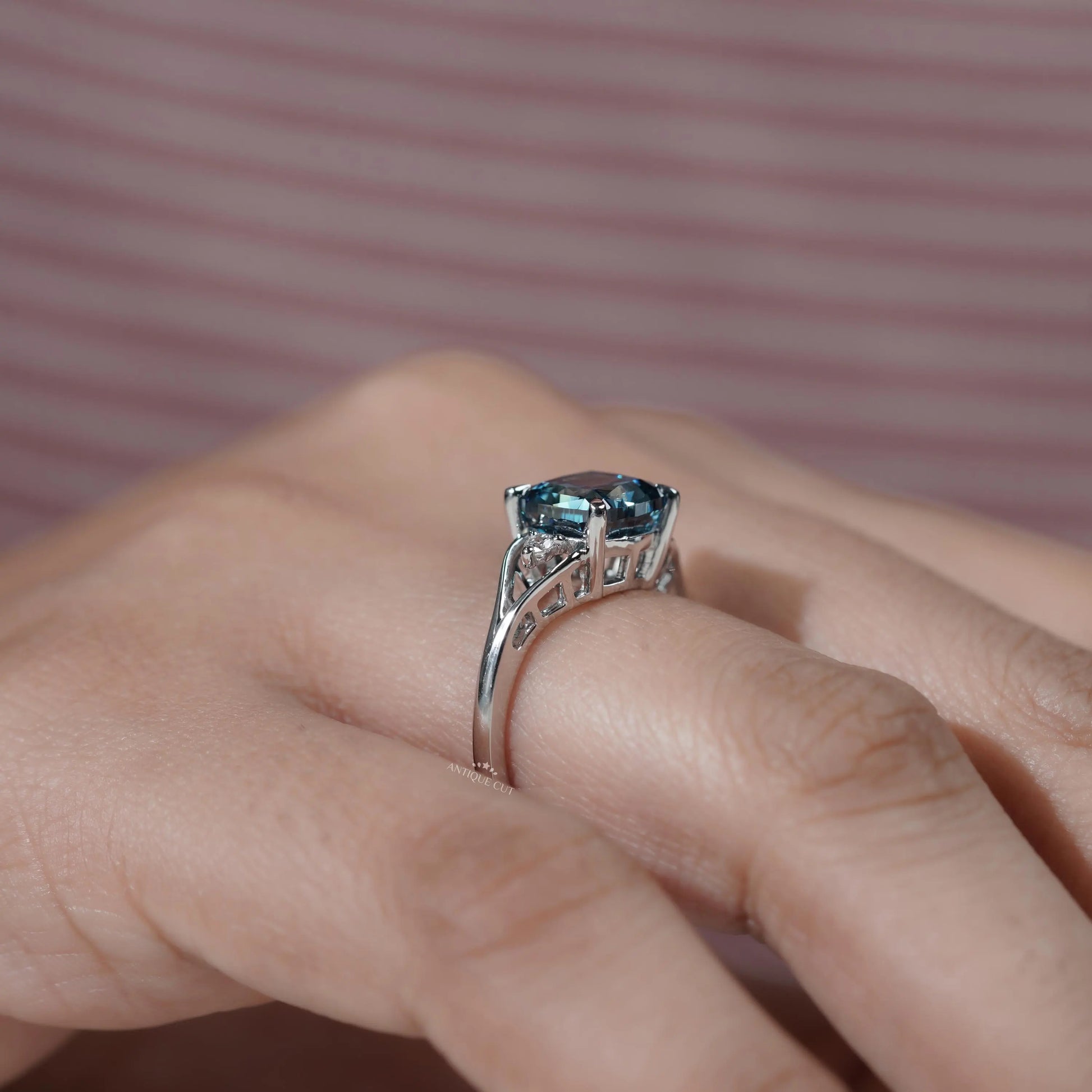 White gold cushion cut blue diamond engagement ring