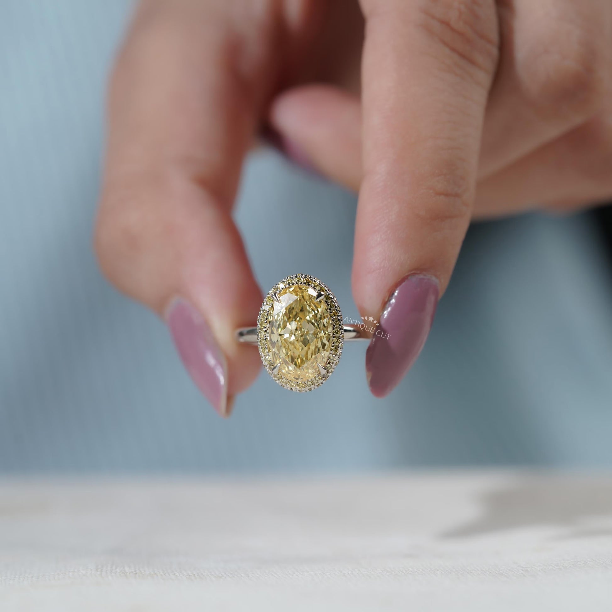 Antiquecut lab grown yellow diamond double halo ring