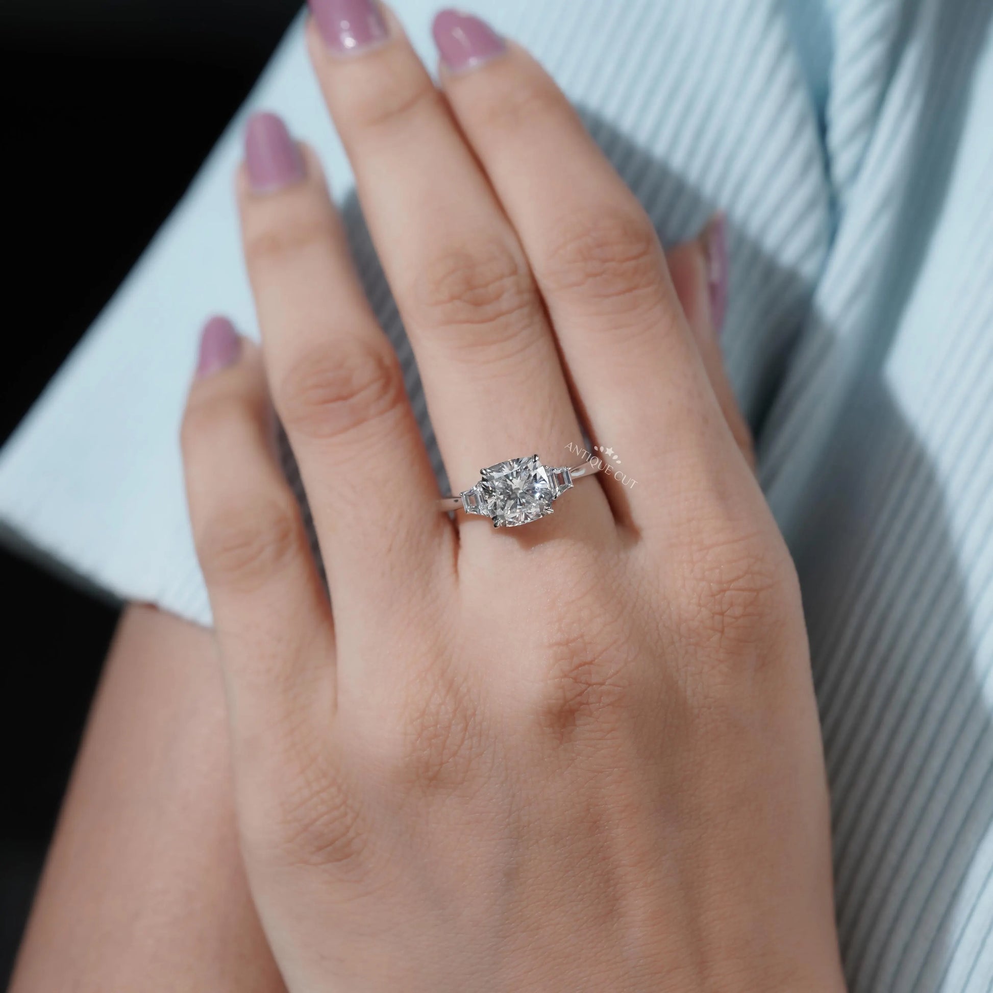 IGI certified lab grown cushion cut engagement ring for bridal proposal or anniversary.