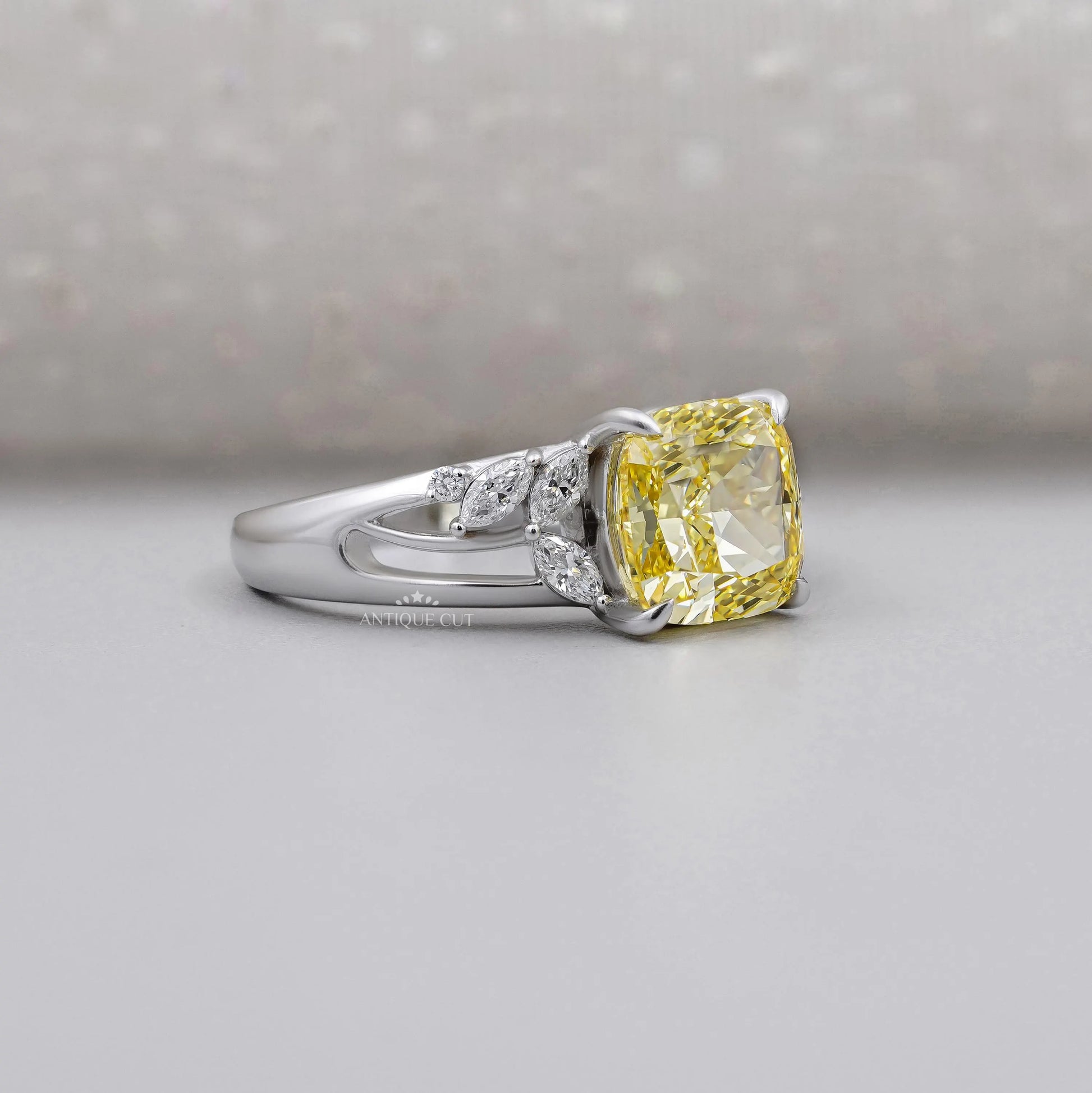 Cushion cut center diamond engagement ring with side diamonds