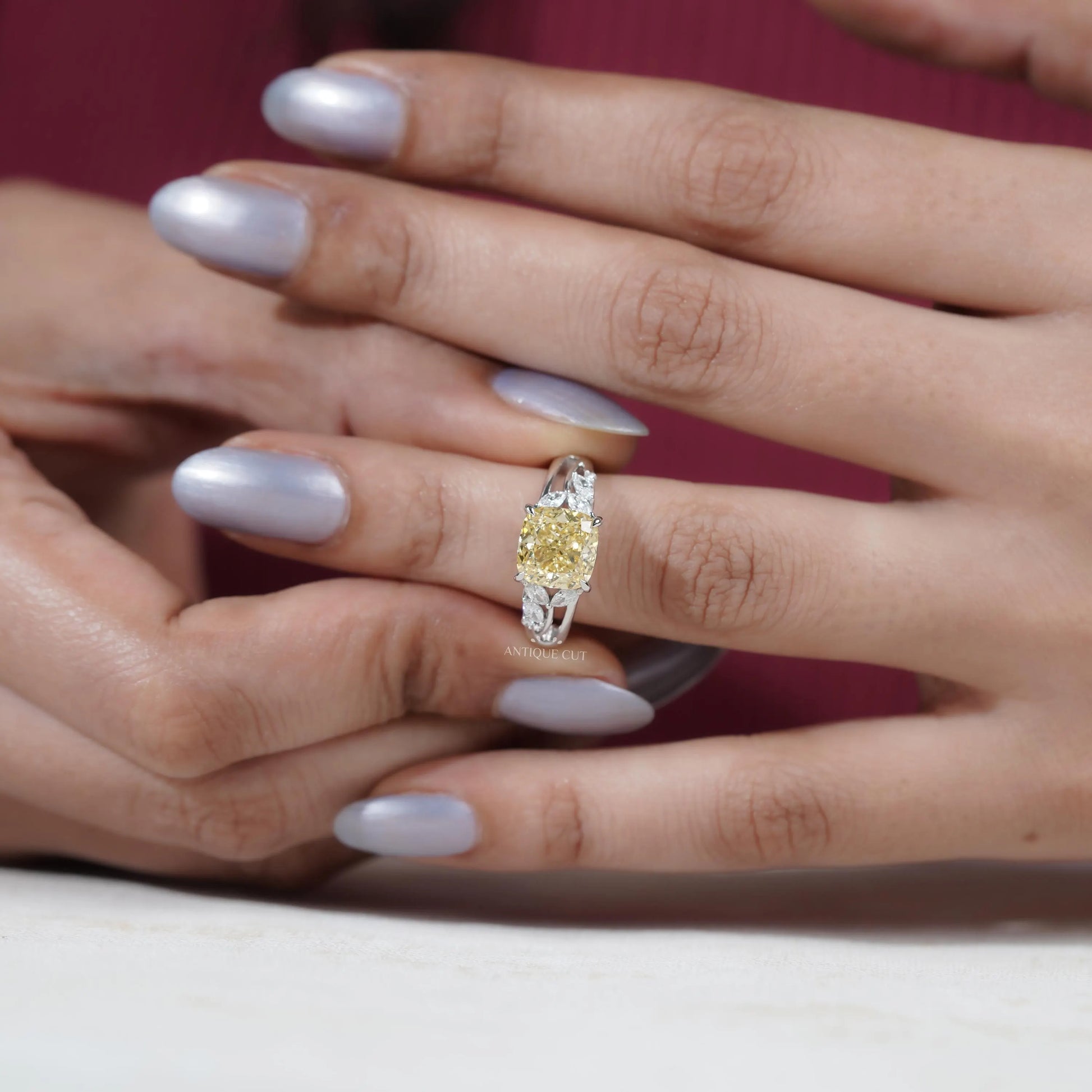 IGI Certified lab grown yellow cushion diamond ring