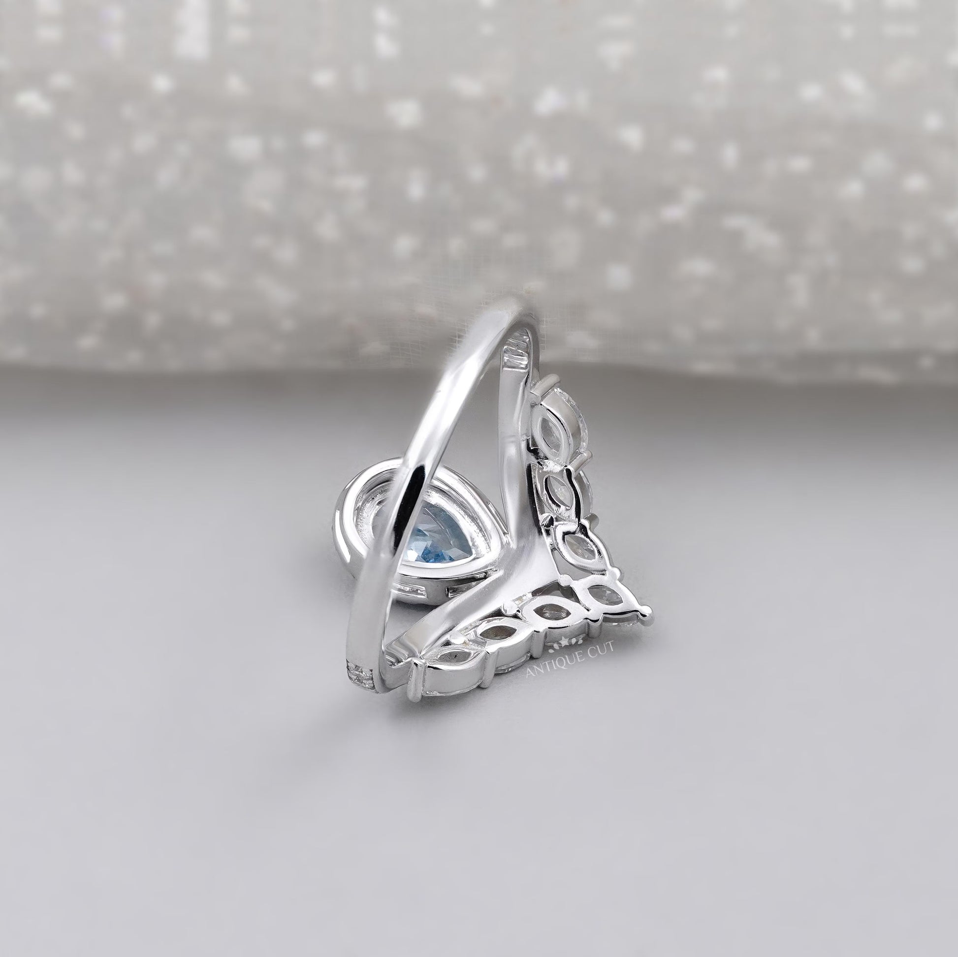 Pear Cut Fancy Blue Diamond Halo Ring With Chevron Marquise & Round Diamond Wedding Band IGI Certified
