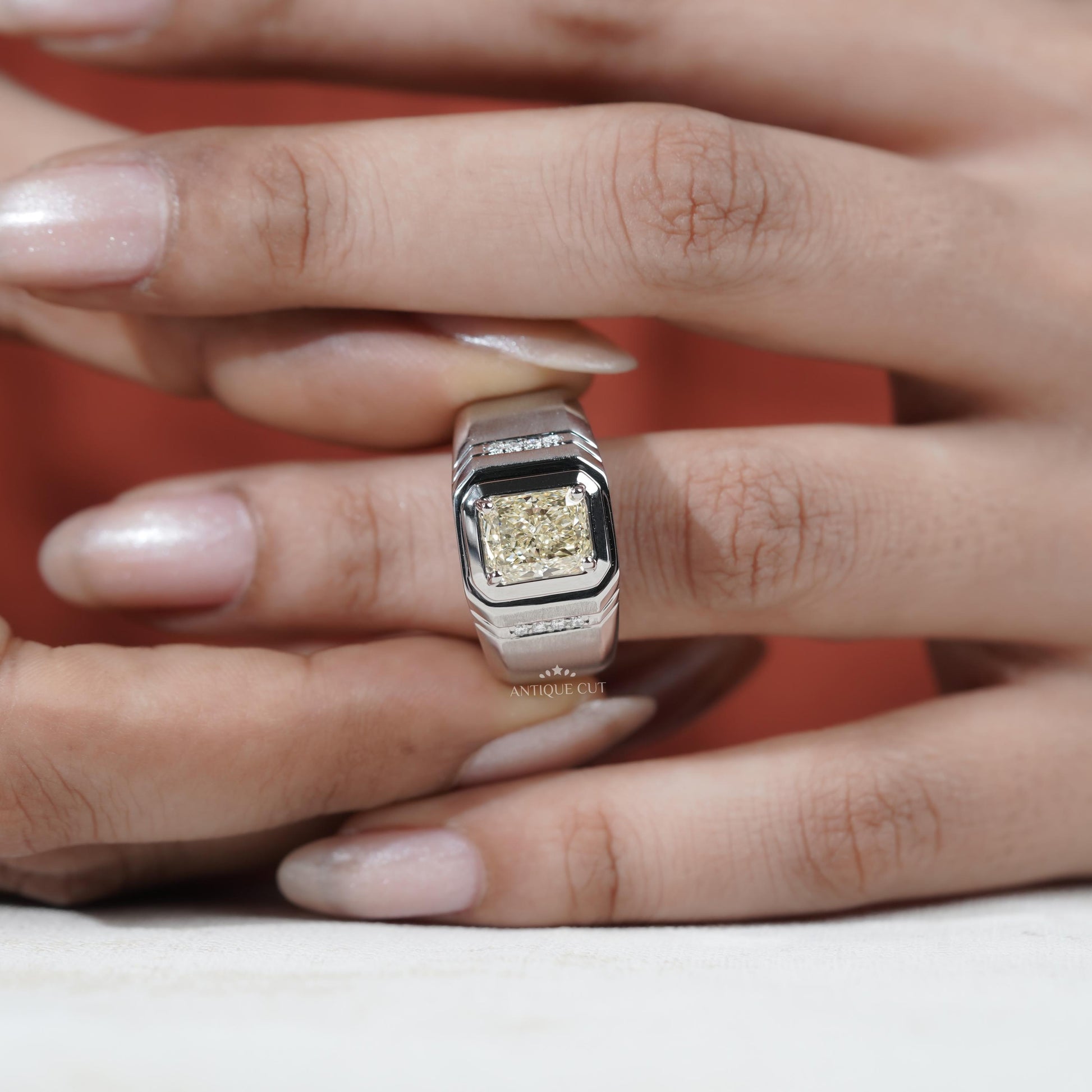 Elegant radiant cut yellow diamond ring in white gold