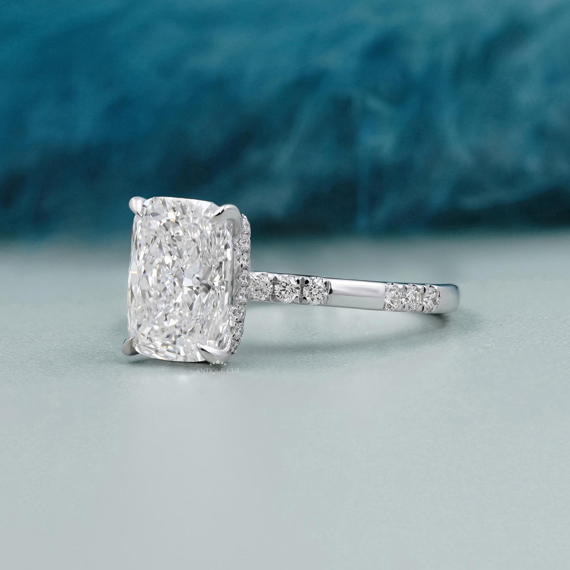 Lab grown cushion cut diamond engagement ring with pave band