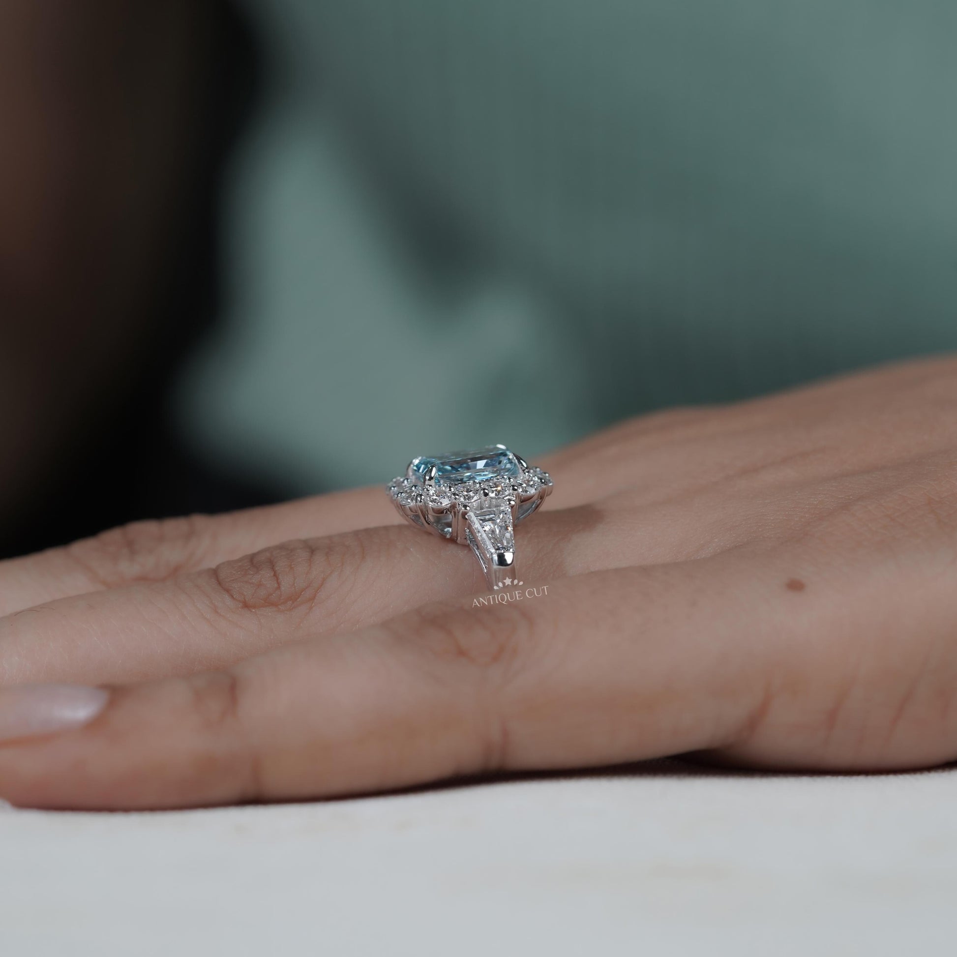 Lab grown diamond halo blue topaz bridal ring