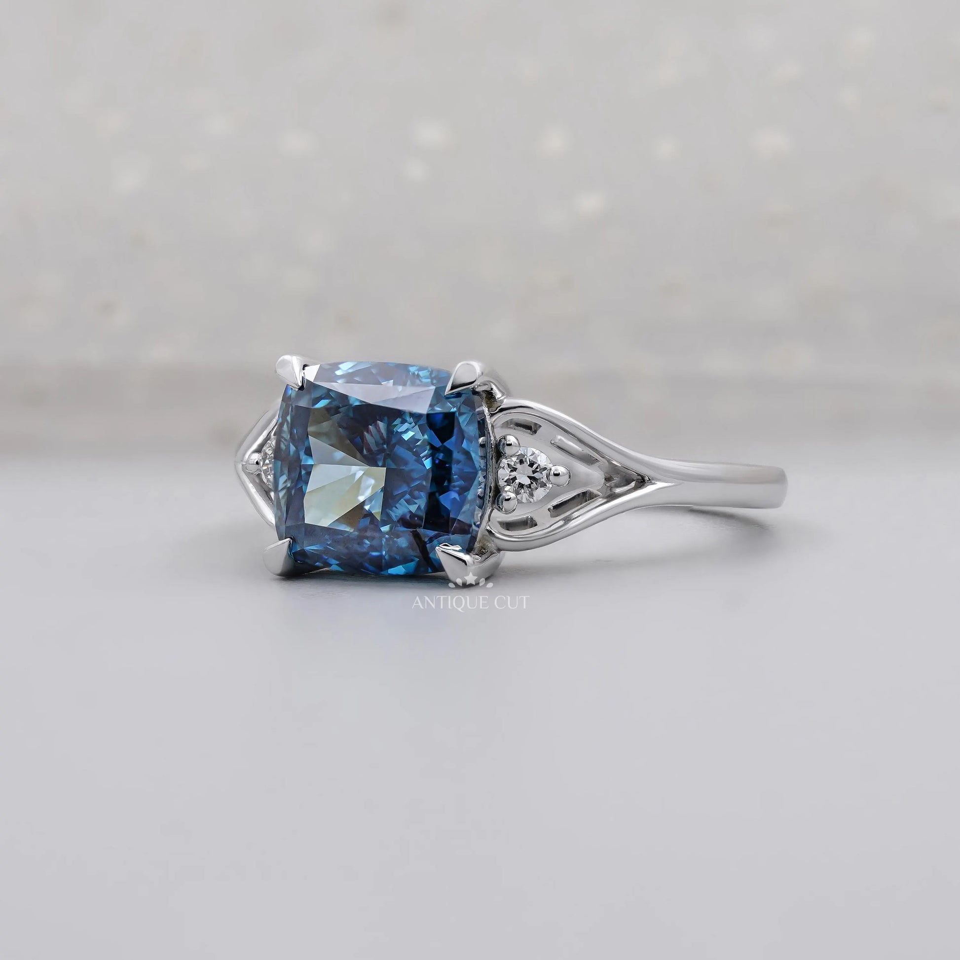 Antiquecut cushion cut fancy blue diamond engagement ring