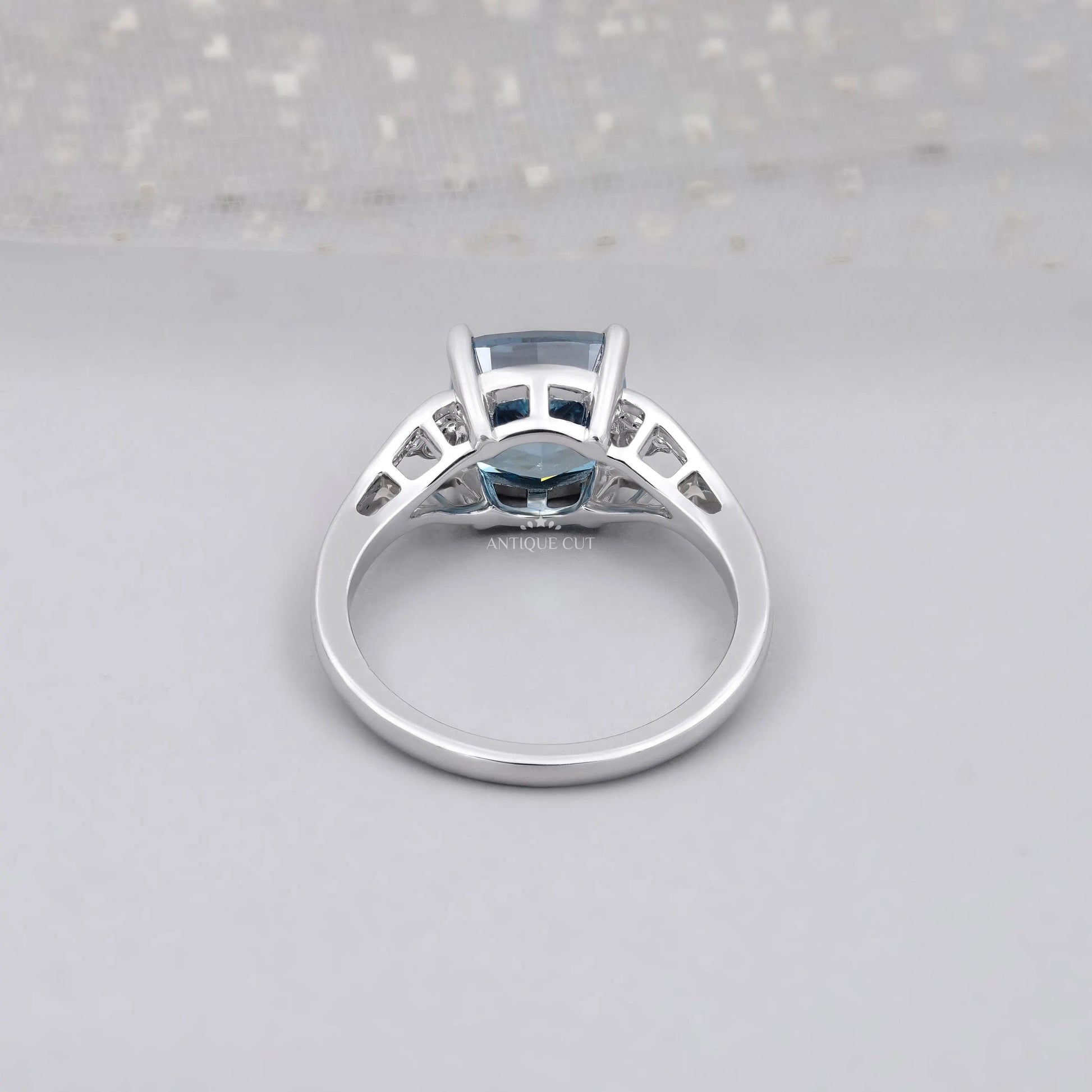 Lab grown cushion cut blue diamond engagement ring