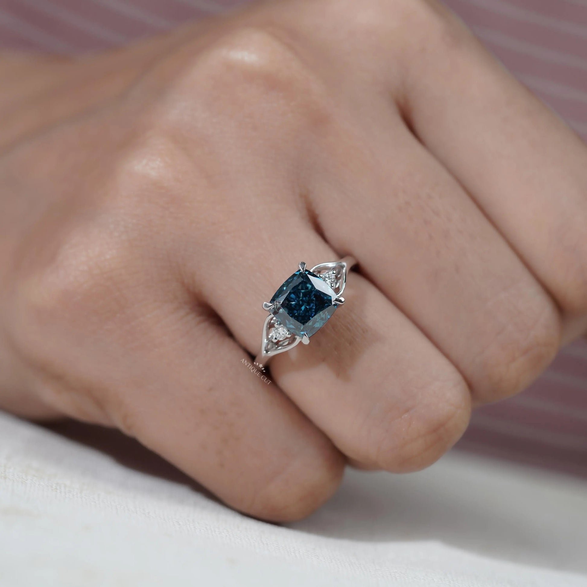 Modern white gold cushion cut fancy blue diamond ring