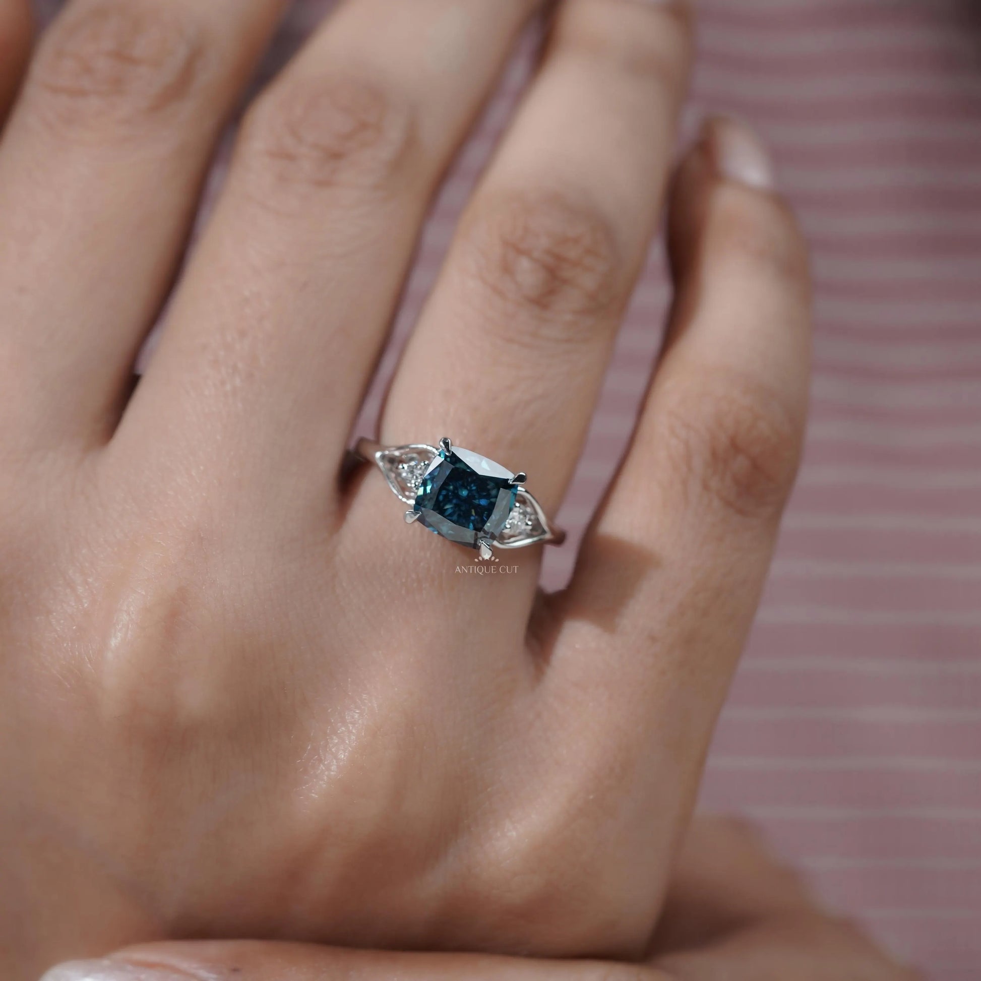 IGI Certified lab grown blue diamond cushion cut engagement ring
