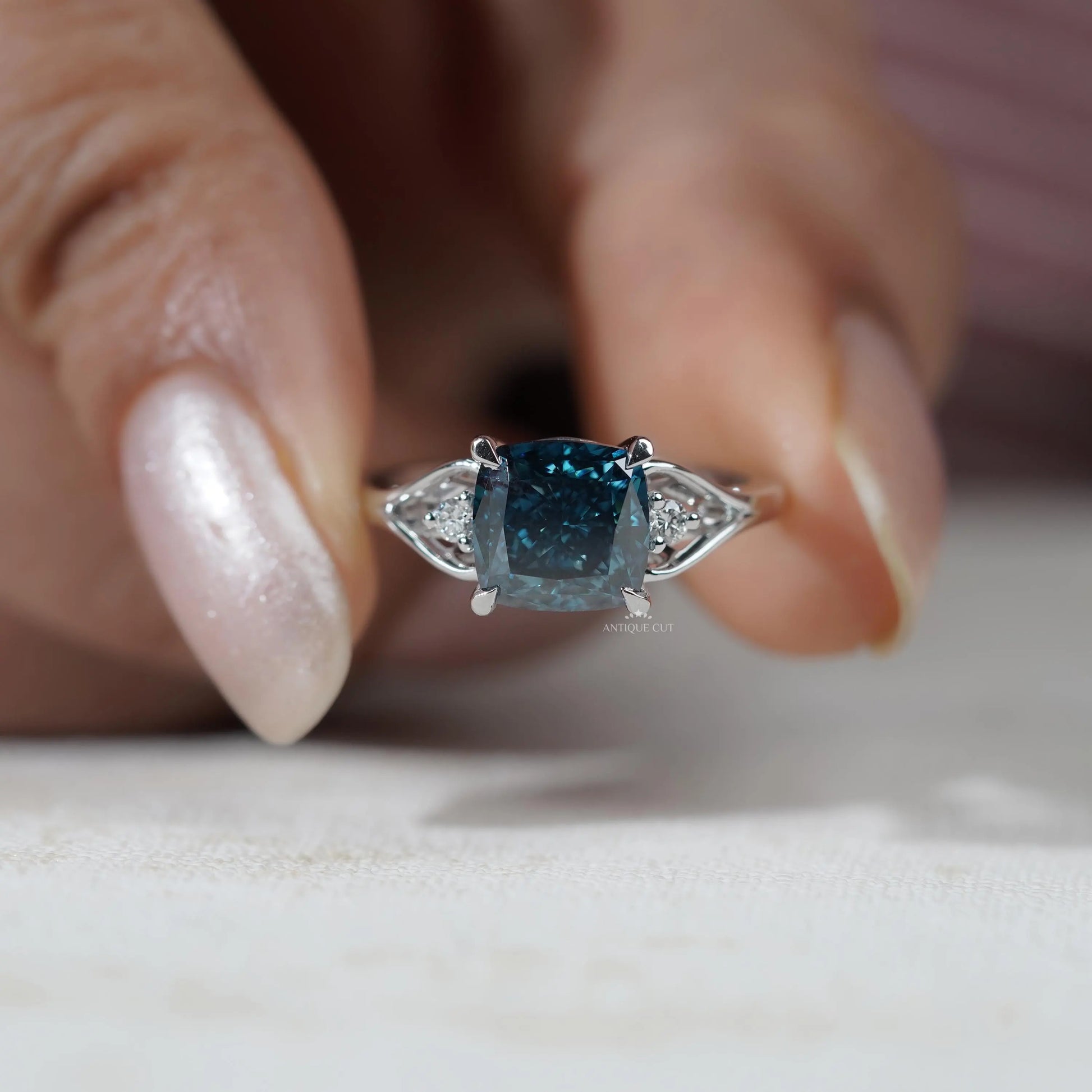 Cushion cut blue diamond bridal engagement ring