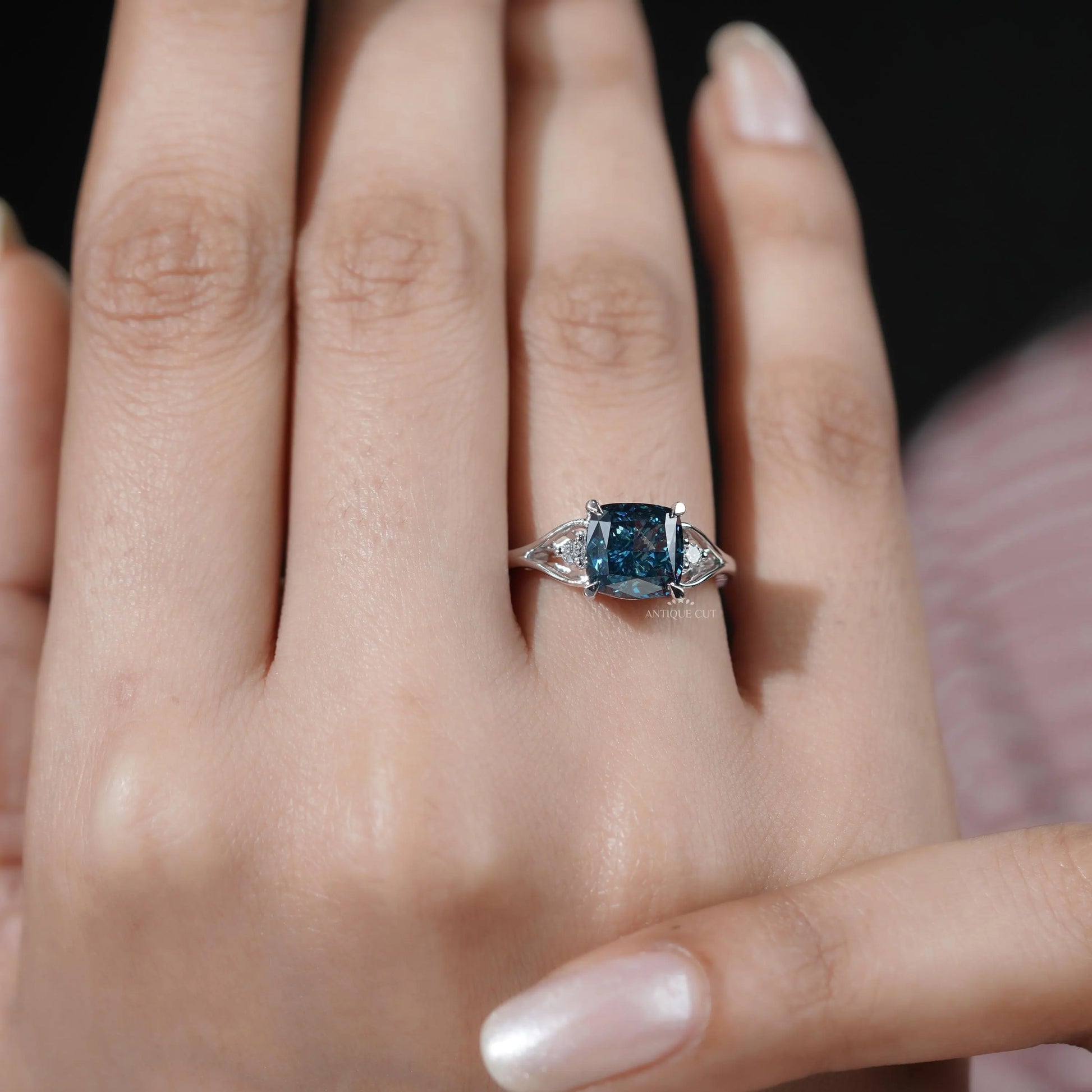 Statement bridal cushion cut blue diamond ring