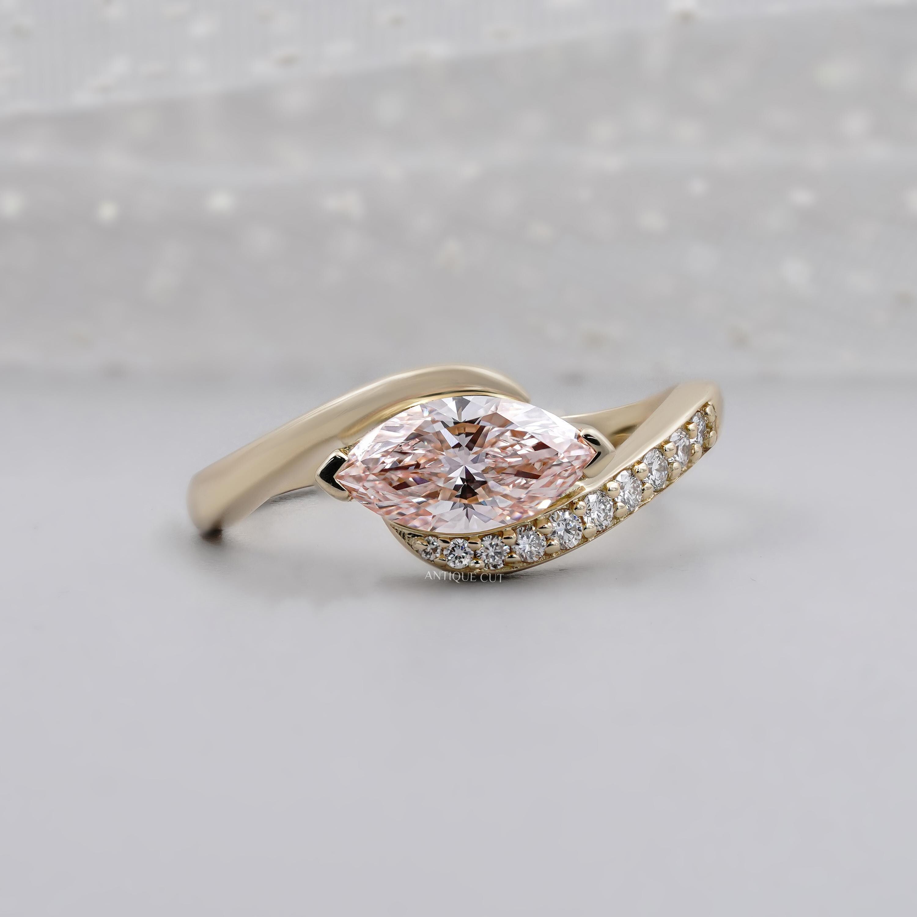 Fancy Pink Marquise Cut Diamond Engagement Ring in Yellow Gold