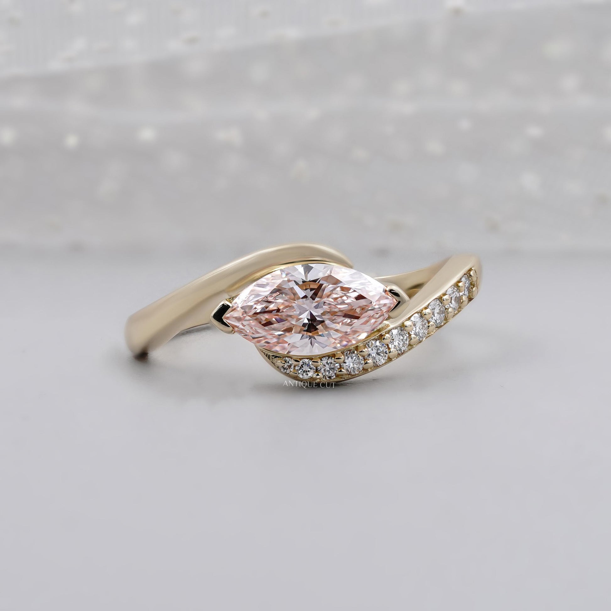 Fancy Pink Marquise Cut Diamond Engagement Ring in Yellow Gold