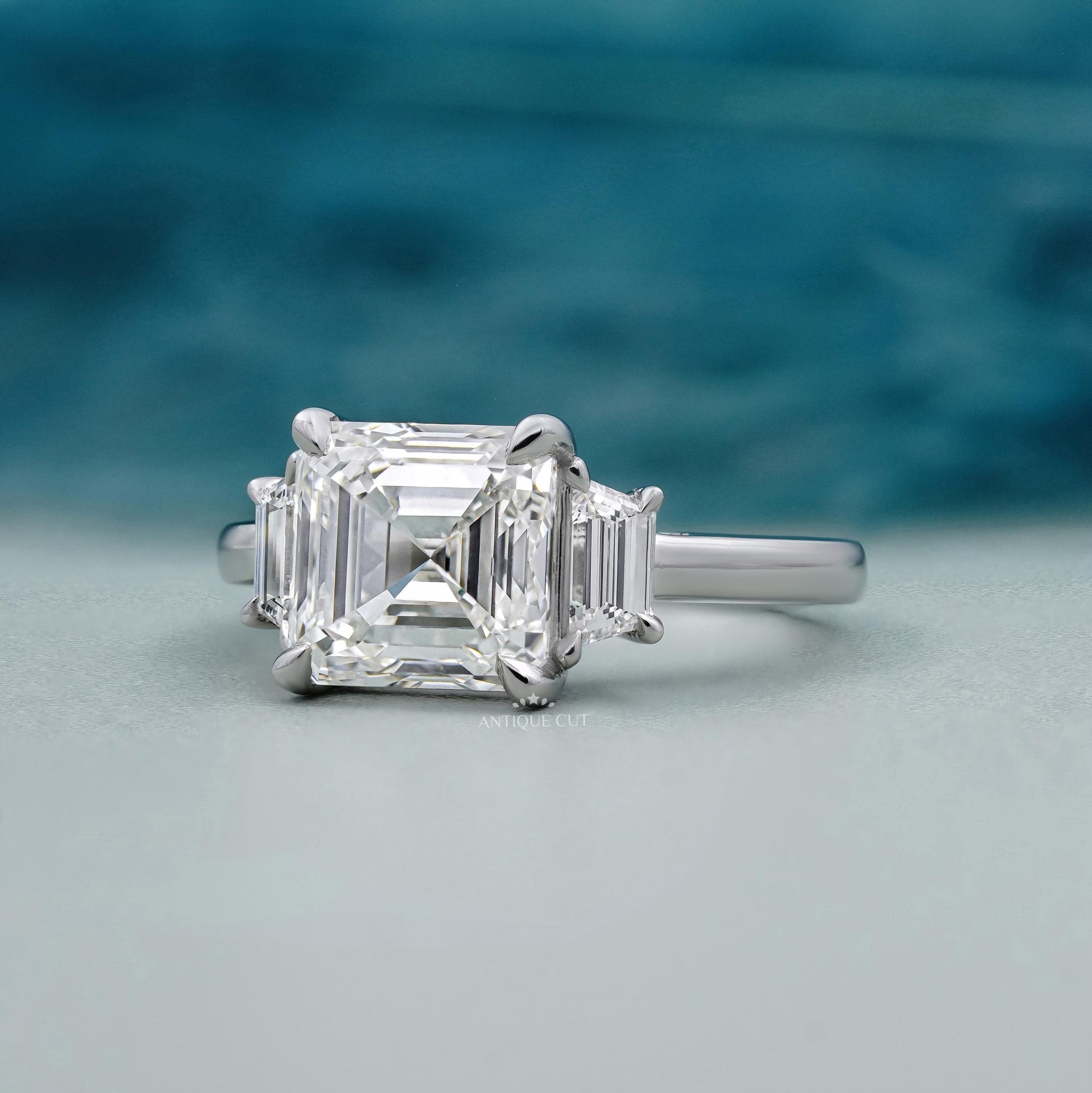 White Gold Three Stone Square Emerald Cut Ring