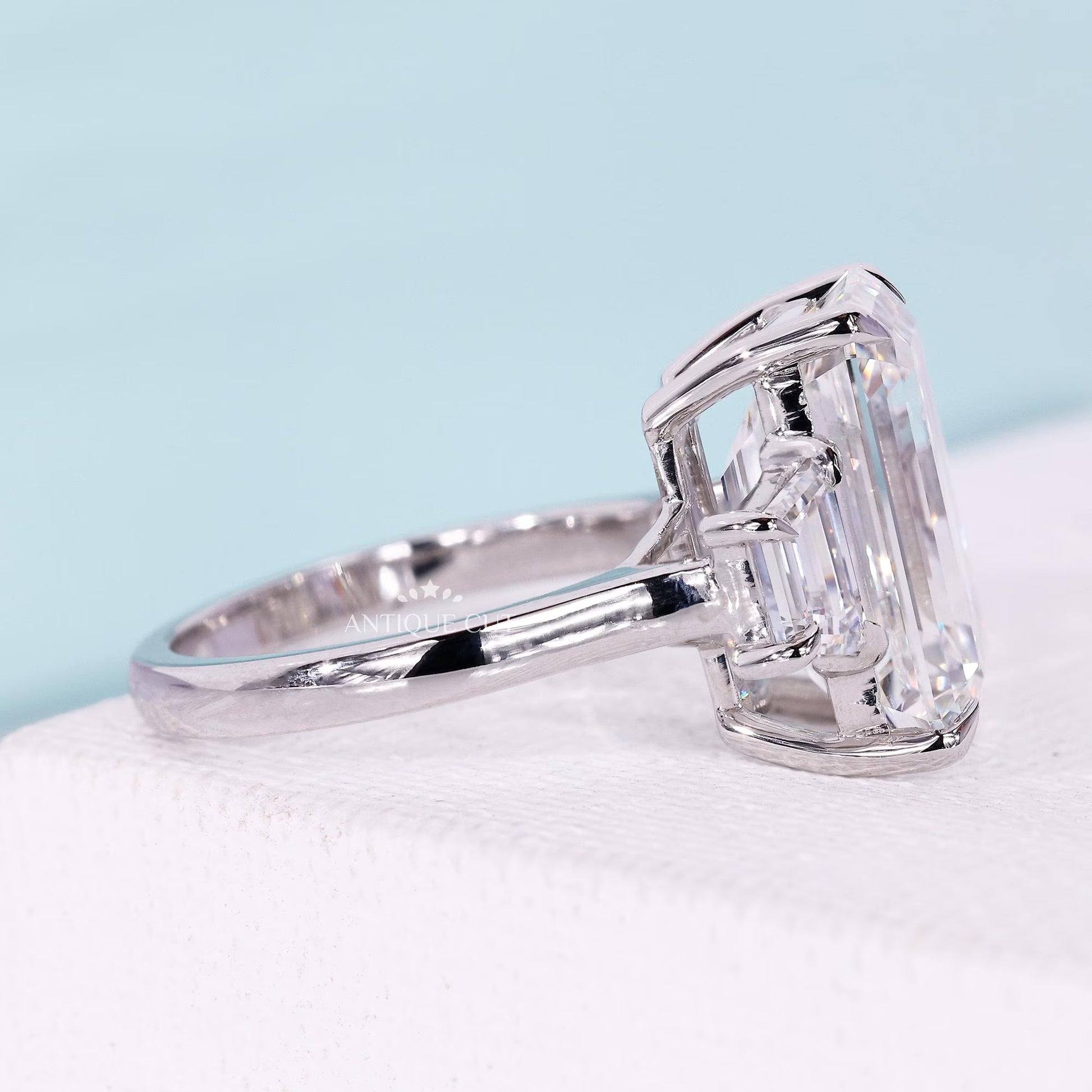 11.23 TCW Emerald Cut Lab Grown Engagement Ring - 14K White Gold