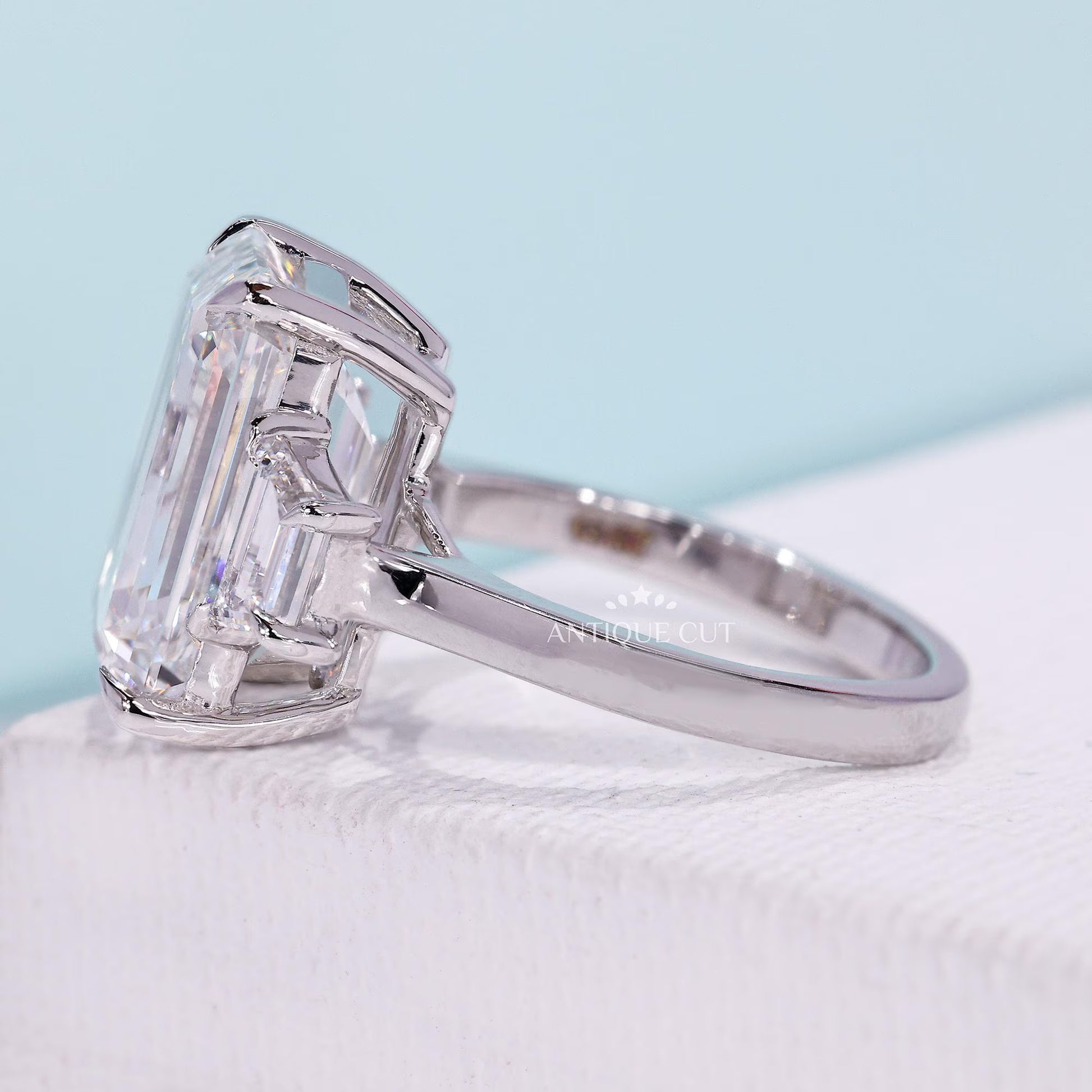 11.23 TCW Emerald Cut Lab Grown Engagement Ring - 14K White Gold
