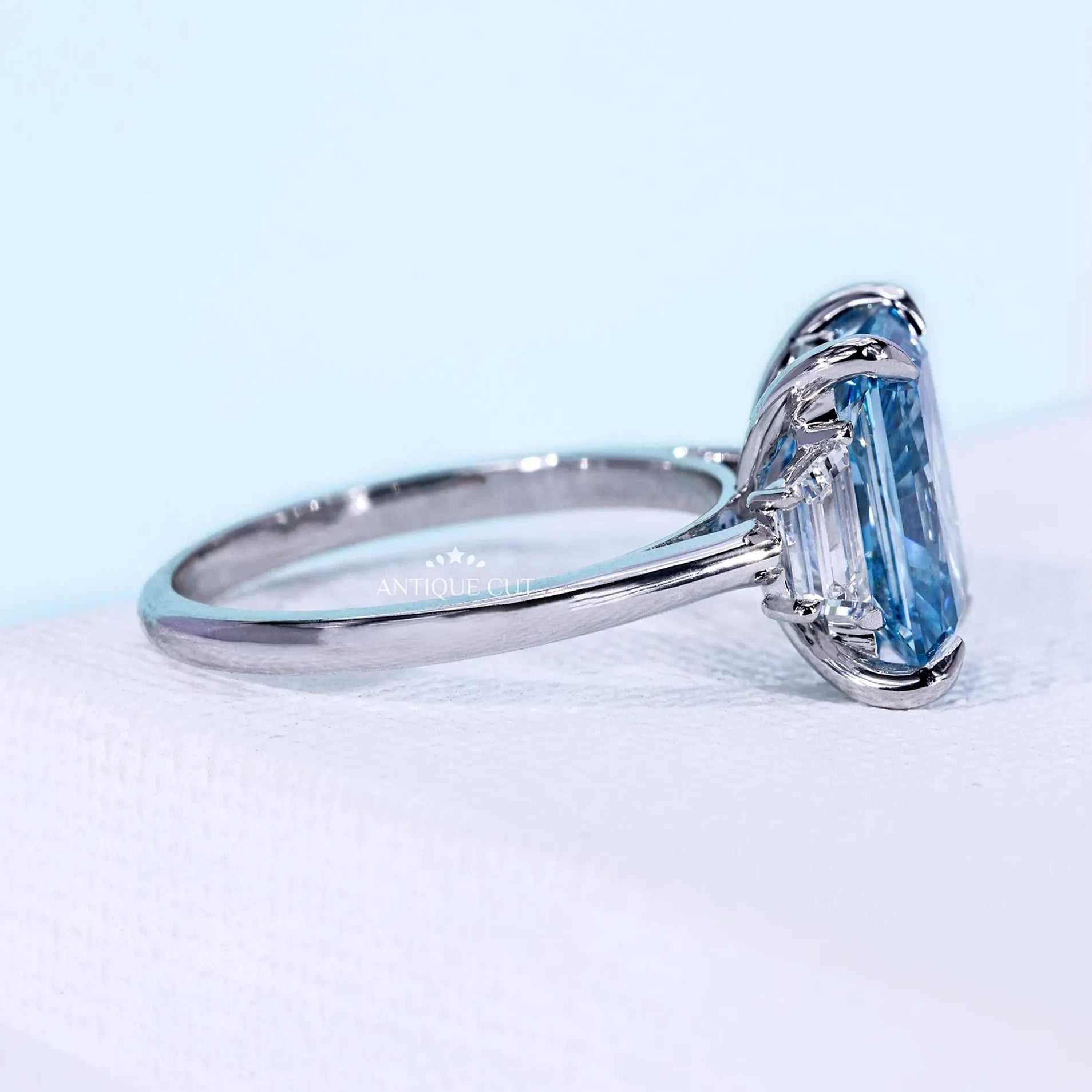 Fancy blue radiant cut lab grown diamond bridal ring