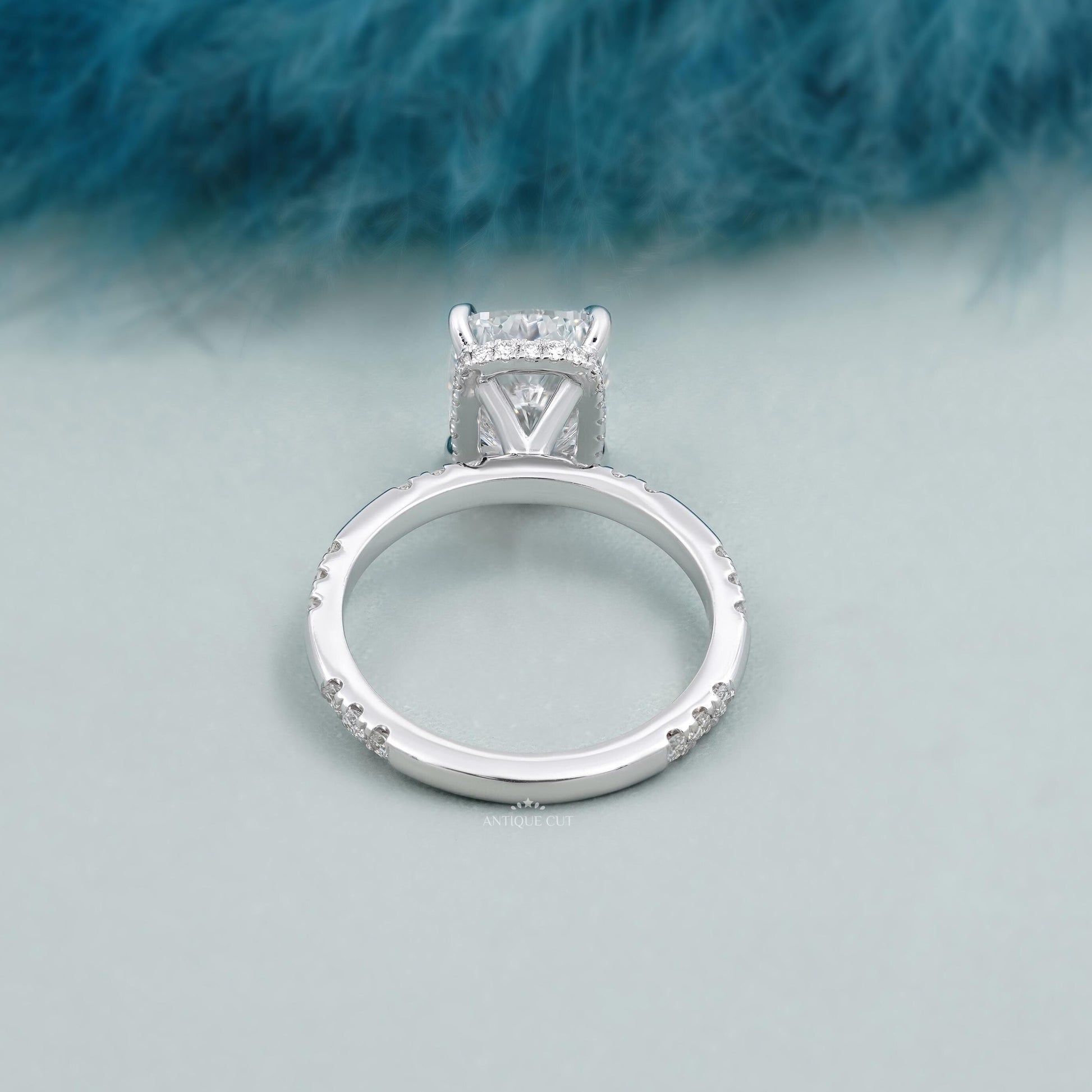 Antiquecut cushion cut hidden halo diamond ring