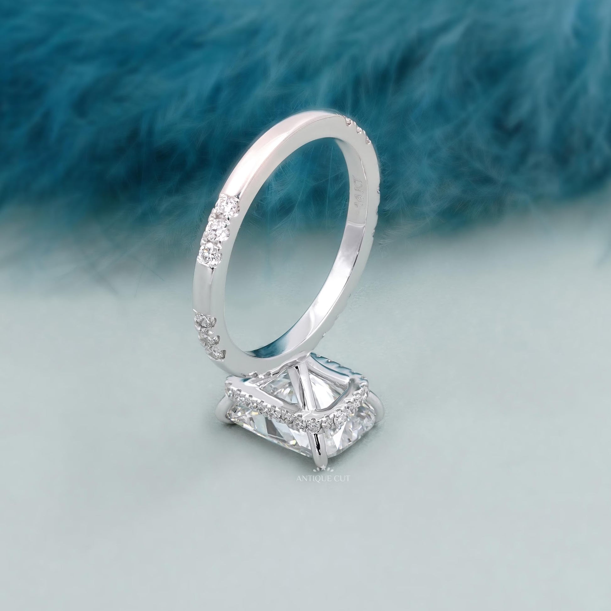 Cushion solitaire engagement ring with diamond pave band