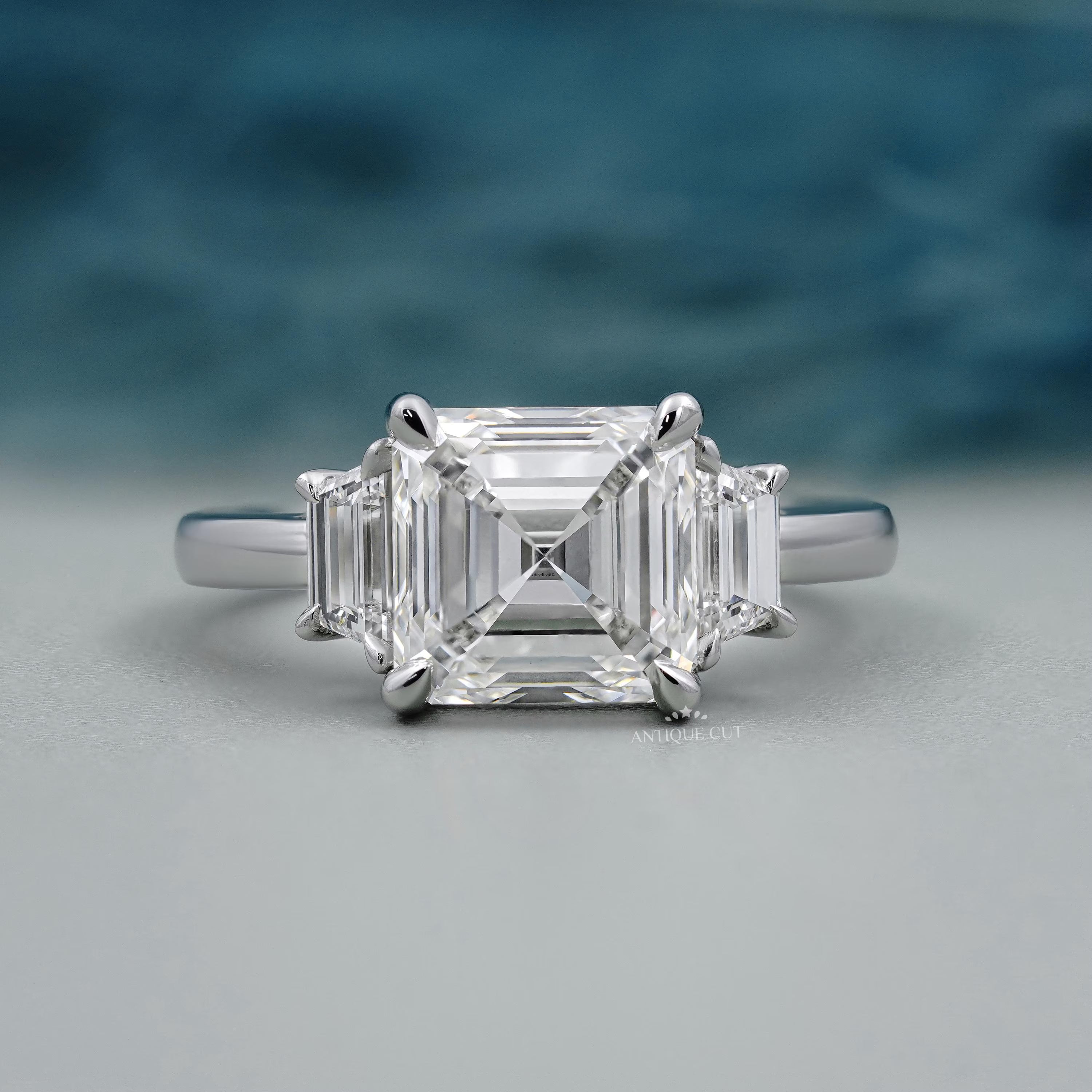 Three Stone Square Emerald Diamond Ring With Tapered Step Cut Side Stones Minimalist Bridal Jewelry