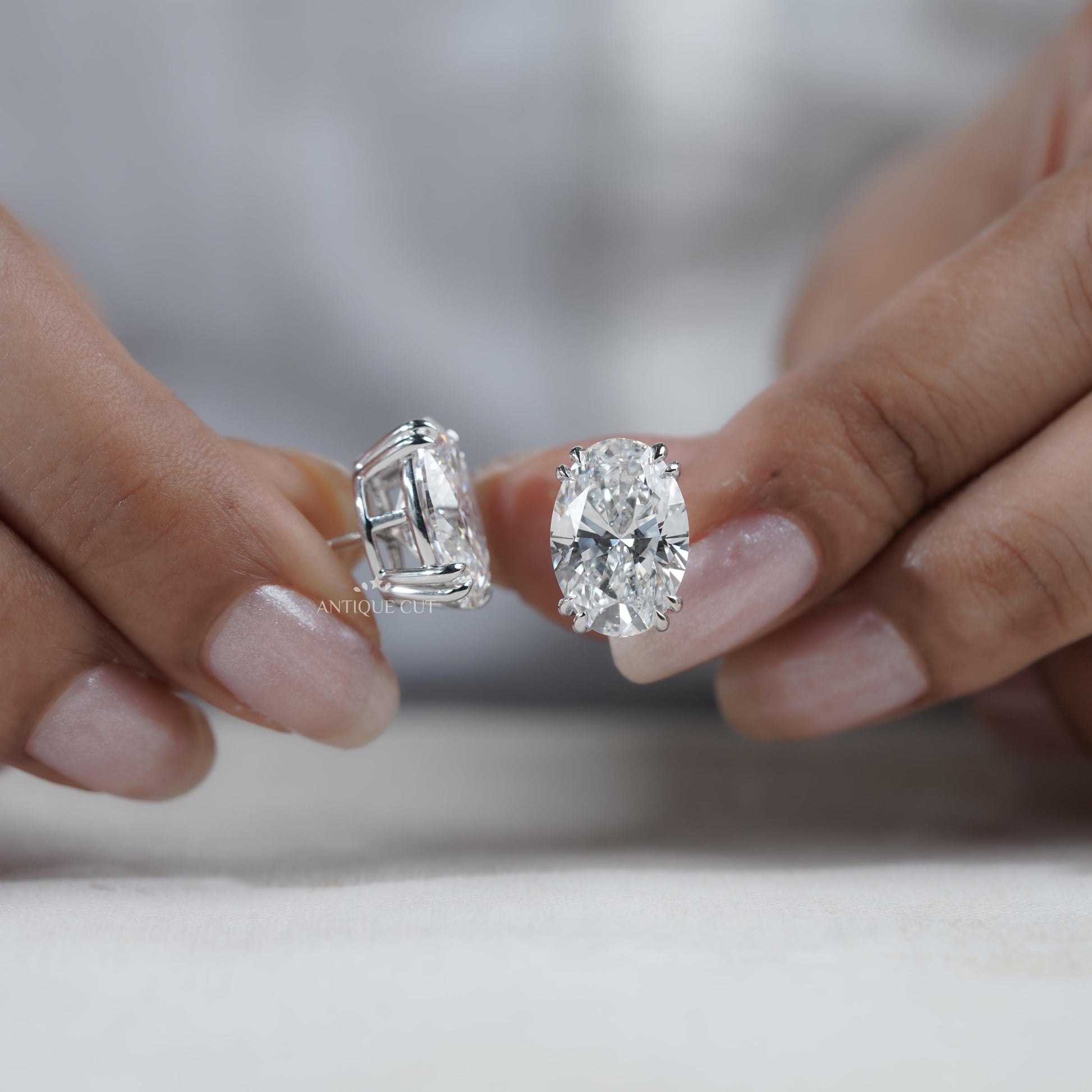 Oval Stud Earrings With Claw Double Prongs | White Gold | IGI Certified