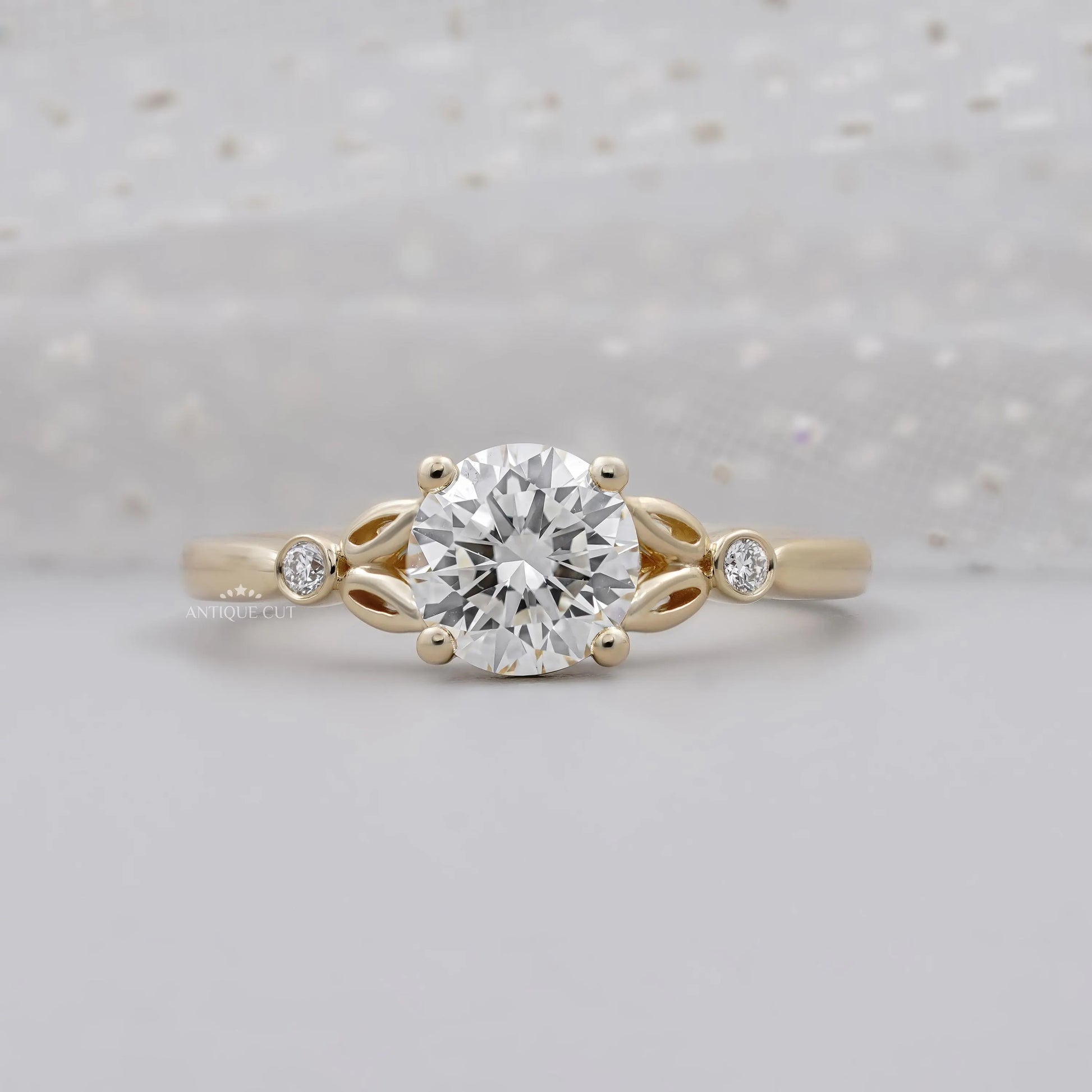 Premium round cut engagement ring with leaf design