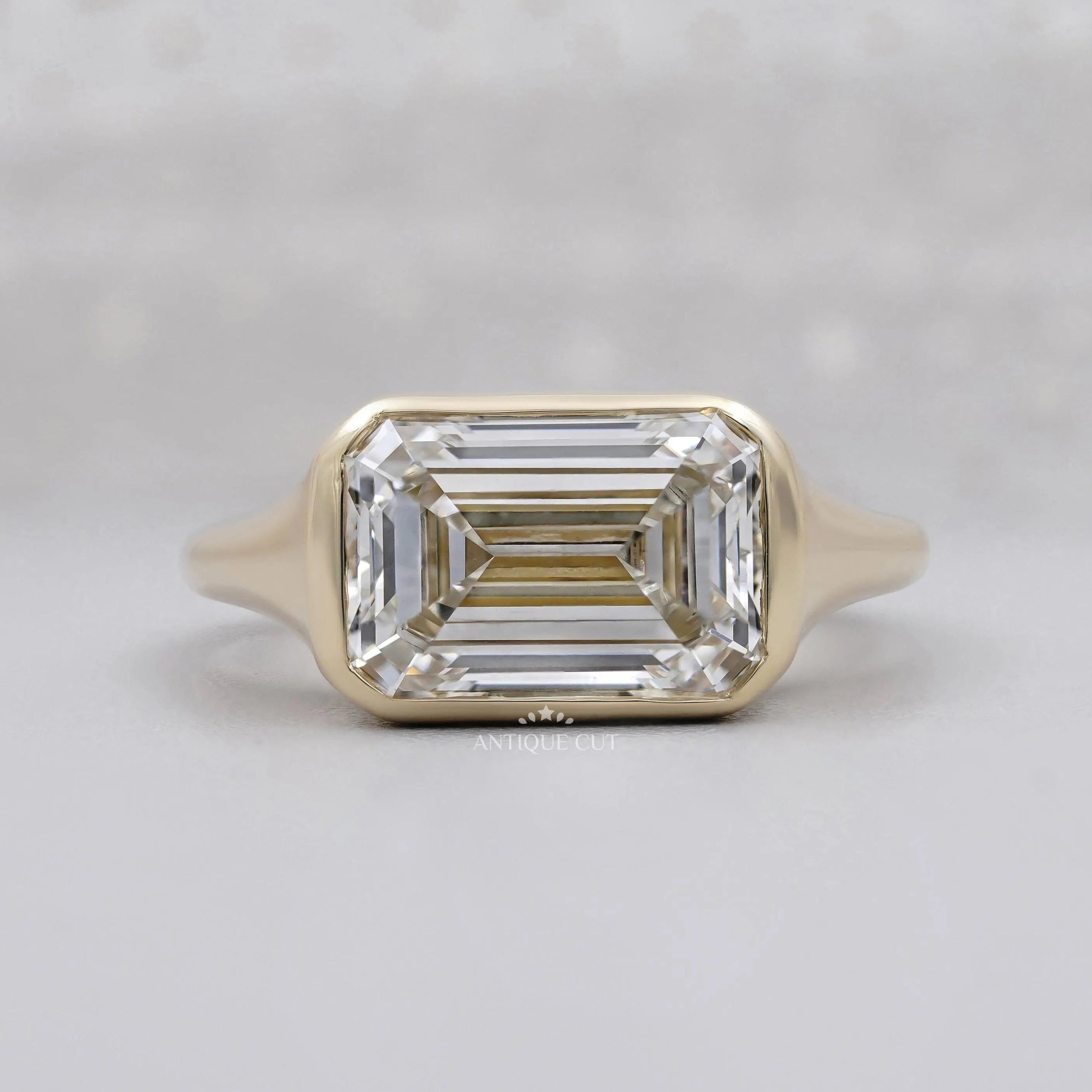 Emerald Cut Lab Grown Diamond Signet Ring With East West Bezel Setting in Yellow Gold